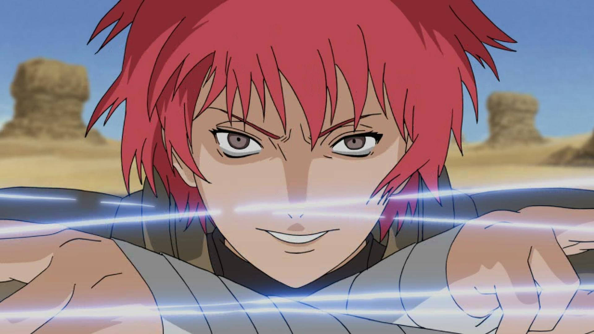 Sasori 桌布 壁紙 — 一個堅定的動漫角色，有著尖刺的紅髮，在沙漠環境中引導發光的藍色能量。