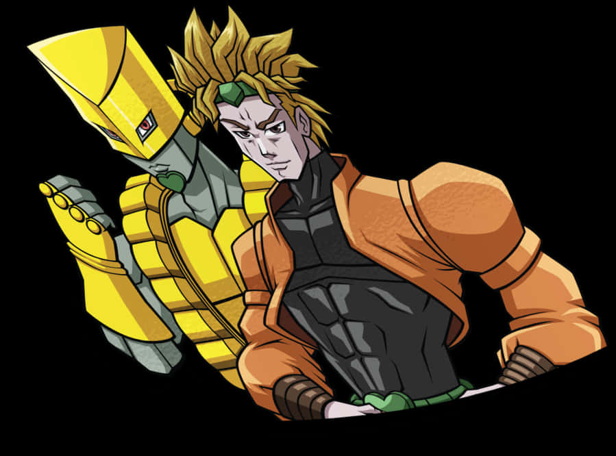 Dio Brando 桌布 壁紙 — 一個堅定的動漫角色，有著尖刺金髮和黃色裝甲替身，背景為黑色。