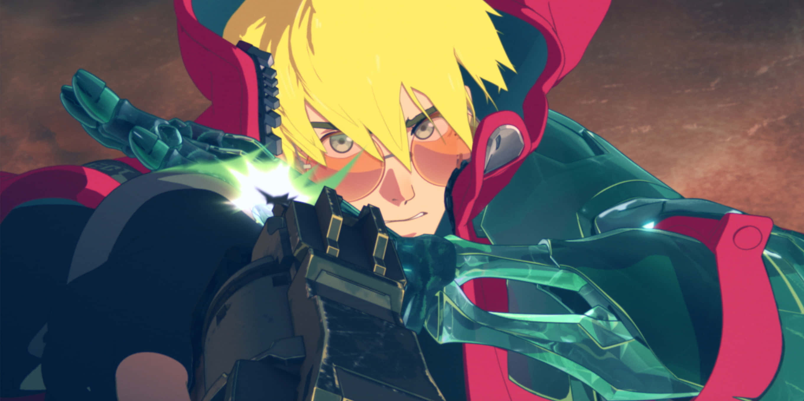 Trigun 桌布 壁紙 — 一個堅定的動漫角色，有著尖刺金髮，在粗糙的紅棕色環境中發射發光的綠色武器。