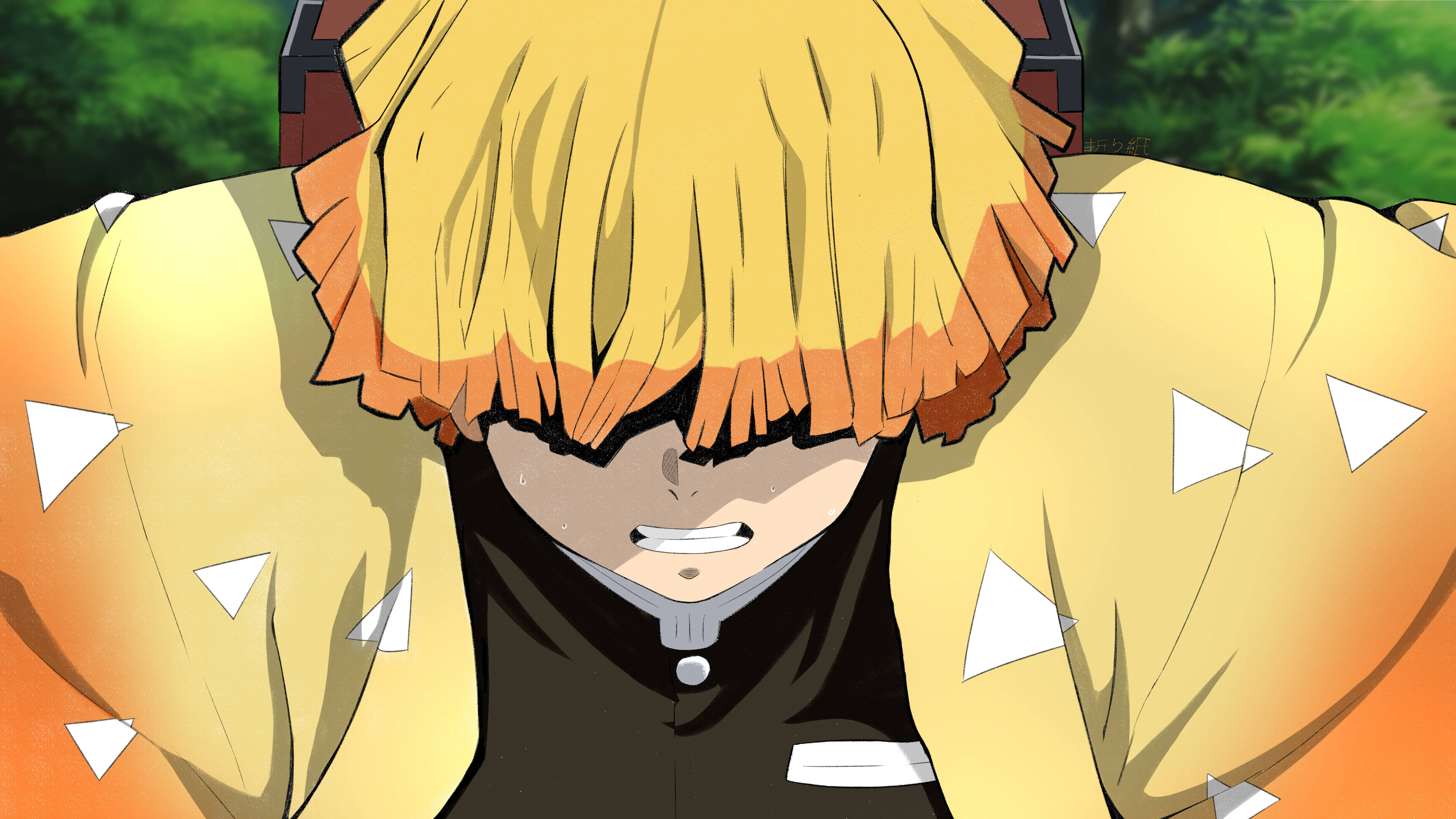 Demon Slayer Zenitsu 桌布 壁紙 — 一個堅定的動漫角色，有著尖刺金髮和橙色高光，在特寫鏡頭中咬緊牙關。