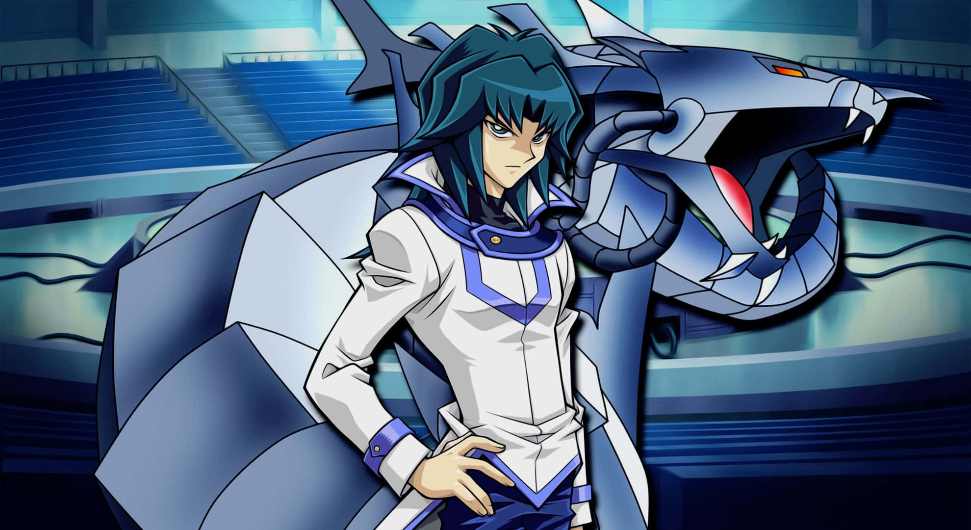 Zane Truesdale 桌布 壁紙 — 一個堅定的動漫角色，深色頭髮，自信地站在未來競技場中的機械龍旁邊。