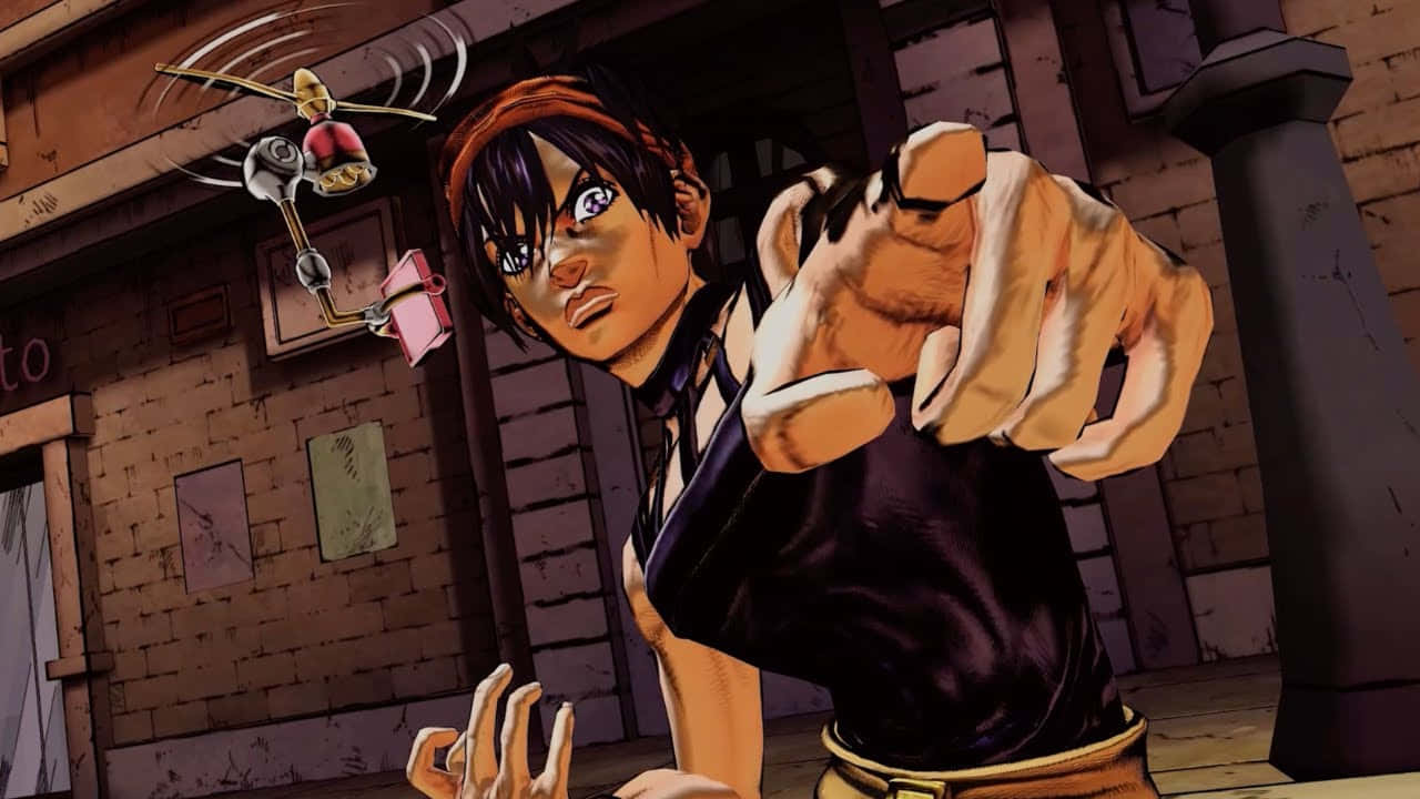 Narancia Ghirga 桌布 壁紙 — 一個堅定的動漫角色，深色頭髮，身穿黑色上衣，向前指著，一隻機械昆蟲在骯髒的城市小巷中盤旋在附近。