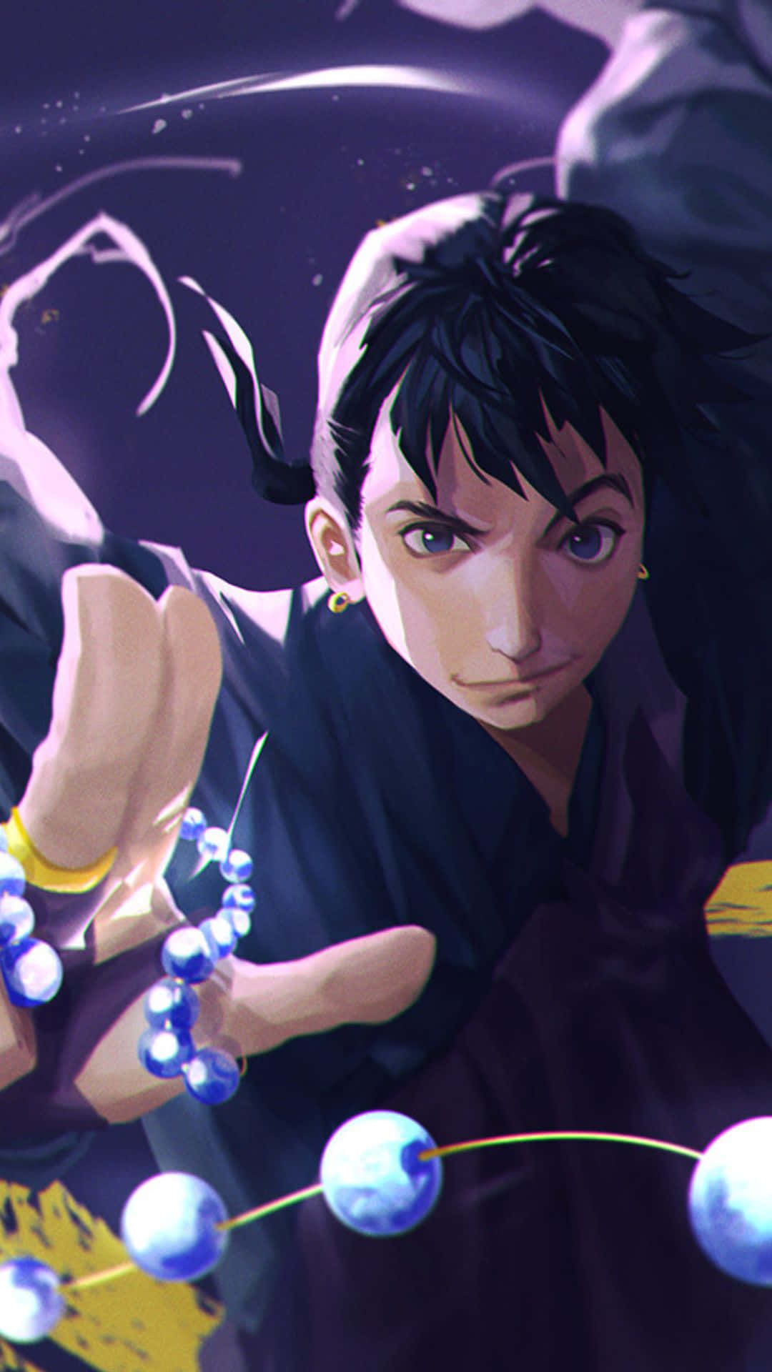Miroku 桌布 壁紙 — 一個堅定的動漫角色，深色頭髮和發光的藍色珠子，在宇宙紫色背景前向前伸出手。