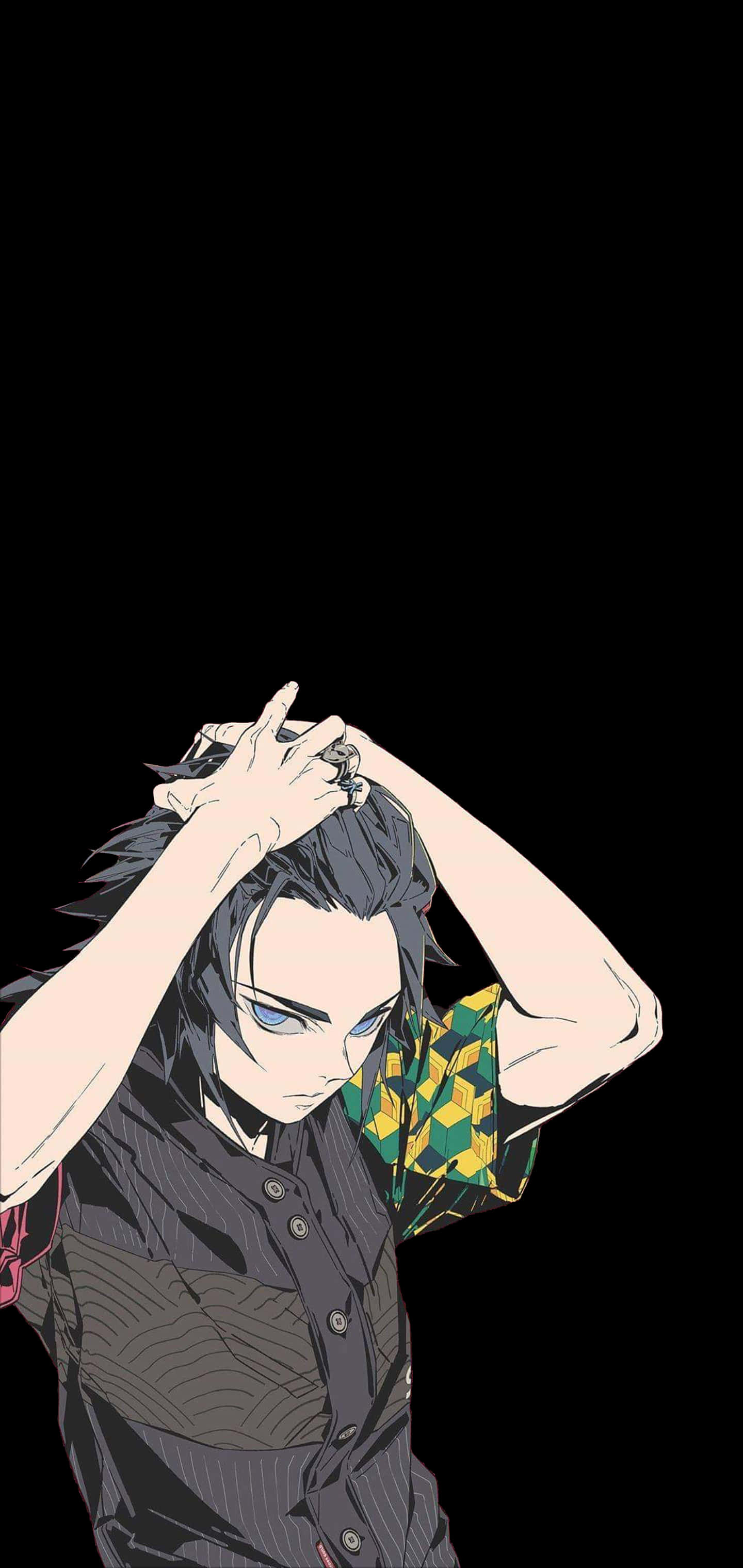 Dark Anime Boy 桌布 壁紙 — 一個堅定的動漫角色，深色頭髮和藍色眼睛，在純黑背景上抓著自己的頭。