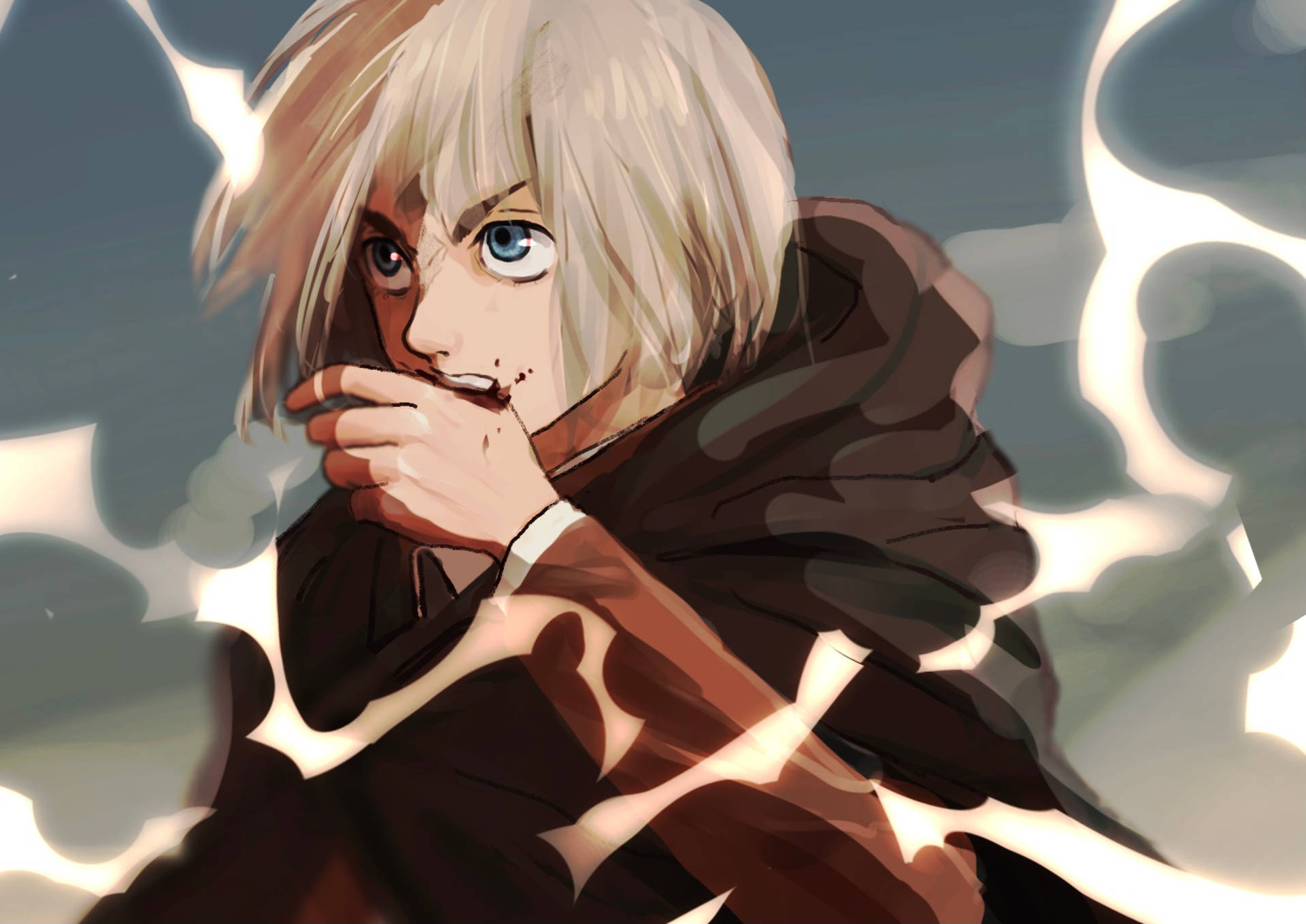 Armin 桌布 壁紙 — 一個堅定的動漫角色，白髮藍眼，在暴風雨的天空下，於發光的能量條紋中緊握拳頭。