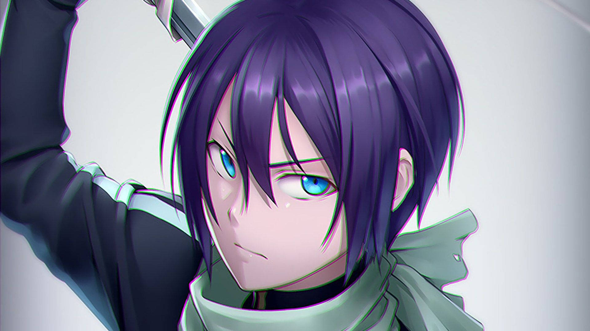 Noragami 桌布 壁紙 — 一個堅定的動漫角色，紫色頭髮和藍色眼睛，高舉劍在純色背景前。