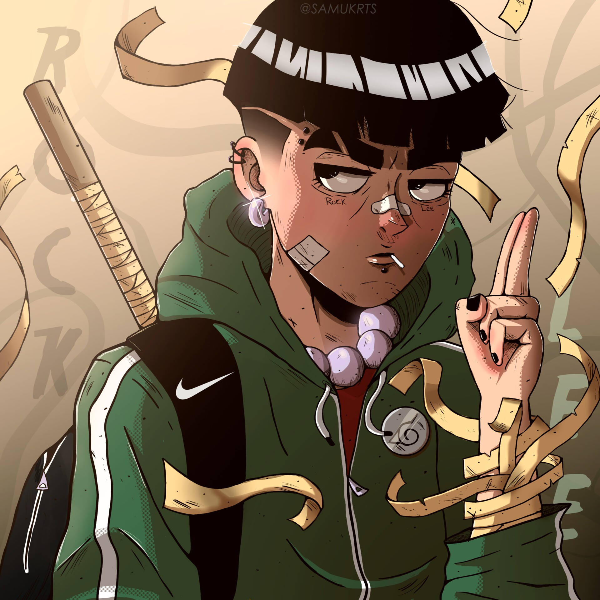 Rock Lee 桌布 壁紙 — 一個堅定的動漫角色，臉上纏著繃帶，穿著綠色連帽衫，被金色絲帶環繞，做出和平手勢。