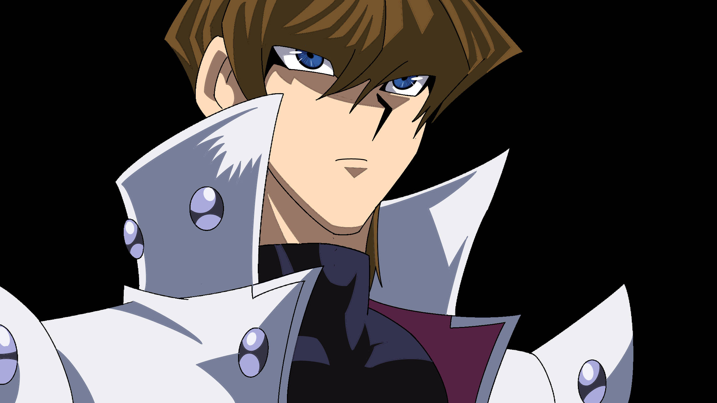 kaiba 桌布 壁紙 — 一個堅定的動漫角色，藍眼睛、棕色頭髮，穿著白色裝甲服，背景為黑色。