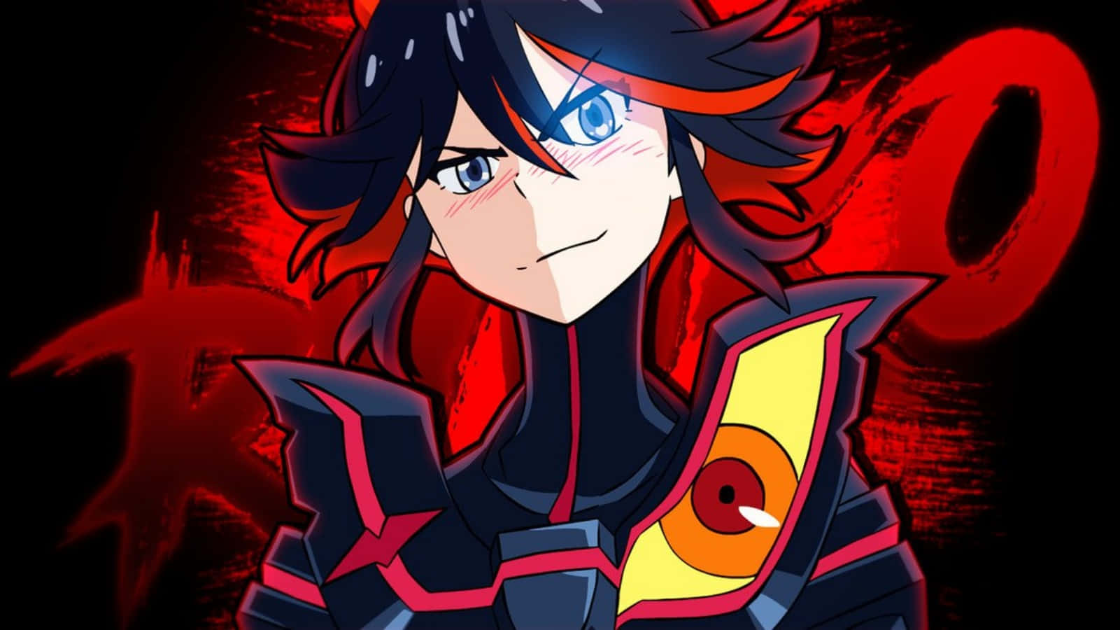 Kill La Kill Senketsu 桌布 壁紙 — 一個堅定的動漫角色，藍色眼睛，黑色頭髮帶有紅色條紋，穿著帶有黃色和紅色點綴的深色盔甲服裝，背景是火紅色的。