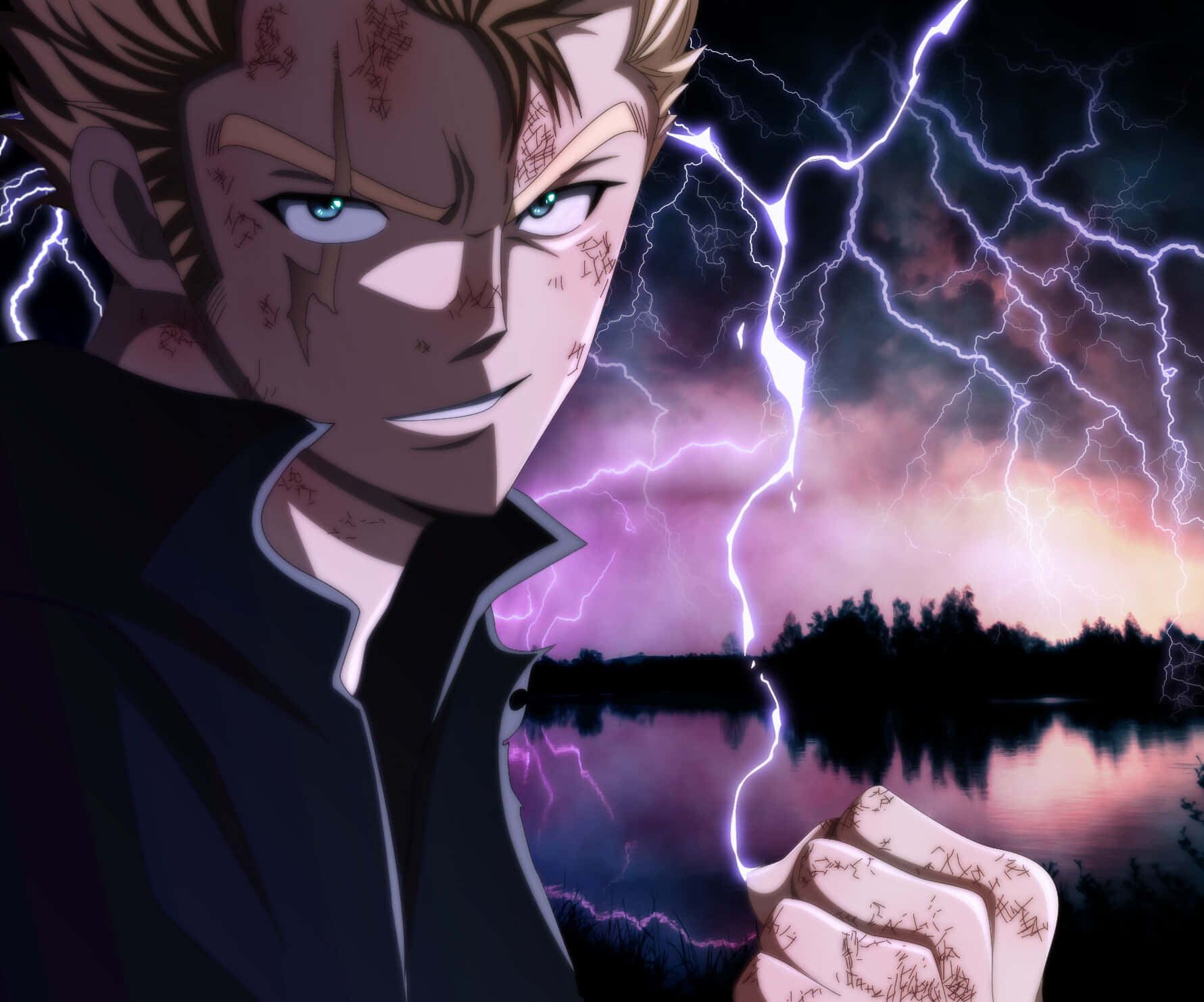 Laxus Dreyar 桌布 壁紙 — 一個堅定的動漫角色，身上有閃電刺青，站在暴風雨的湖前，紫色的閃電在他周圍劈啪作響。