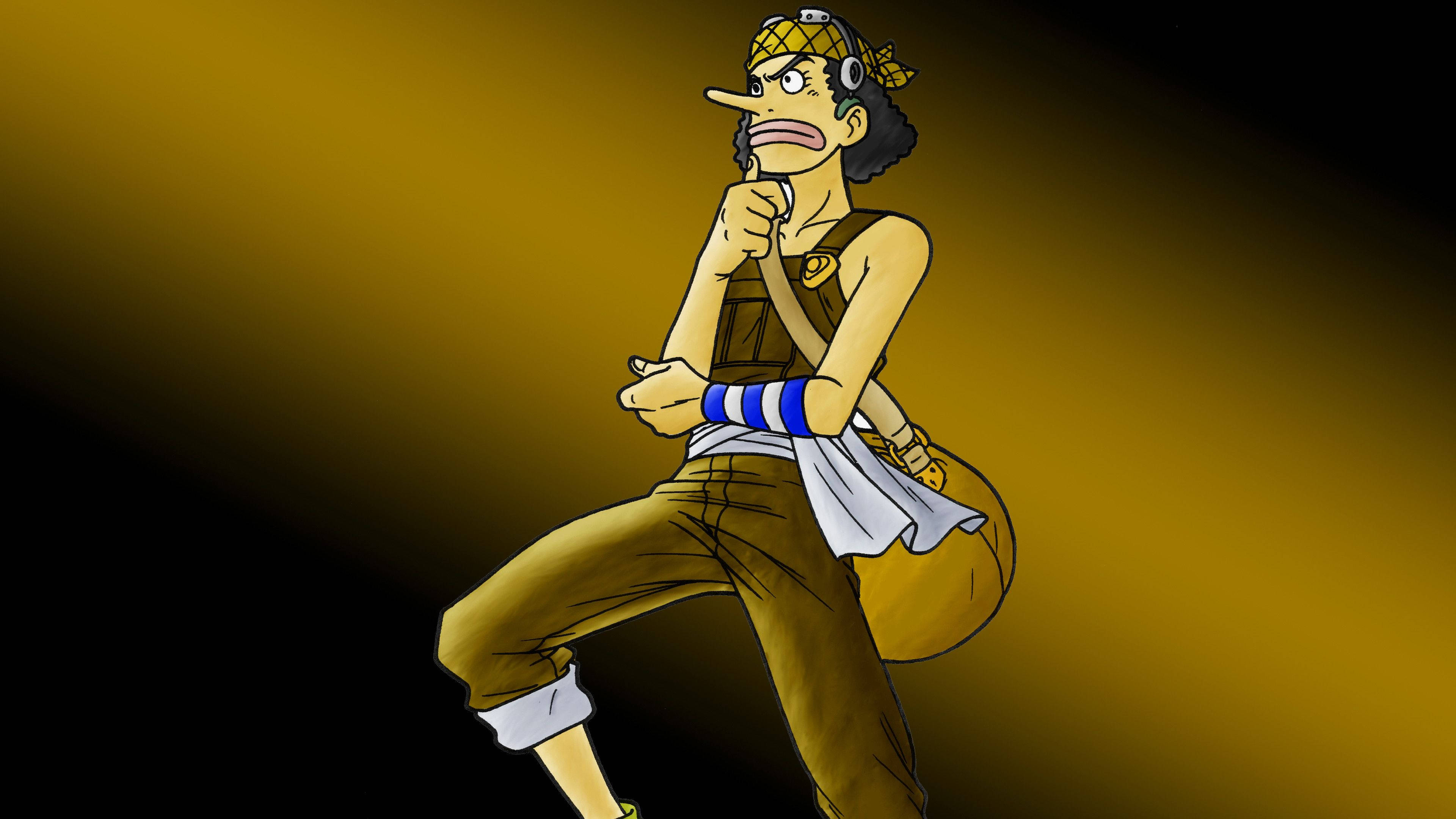 one piece usopp 桌布 壁紙 — 一個堅定的動漫角色，身穿棕色工裝褲和頭帶，在金色和黑色漸變背景前擺出動態姿勢。