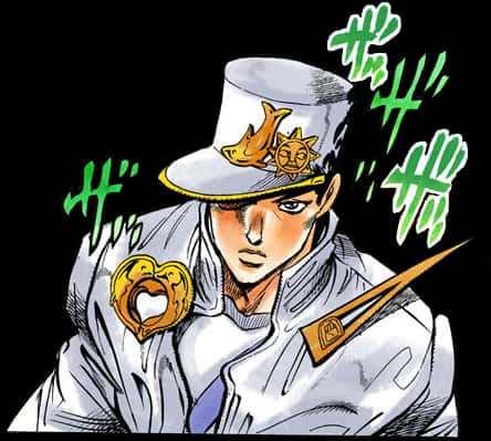 動漫 桌布 壁紙 — 一個堅定的動漫角色，身穿白色制服和帶有魚和太陽圖案的帽子，被綠色音效包圍。