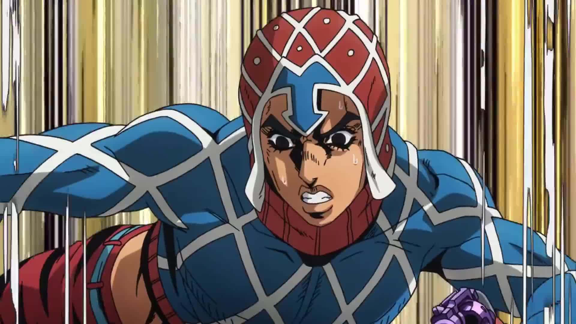 Vento Aureo 桌布 壁紙 — 一個堅定的動漫角色，身穿藍、紅、白菱形圖案套裝，戴著頭盔，在金色條紋背景下凝視著。