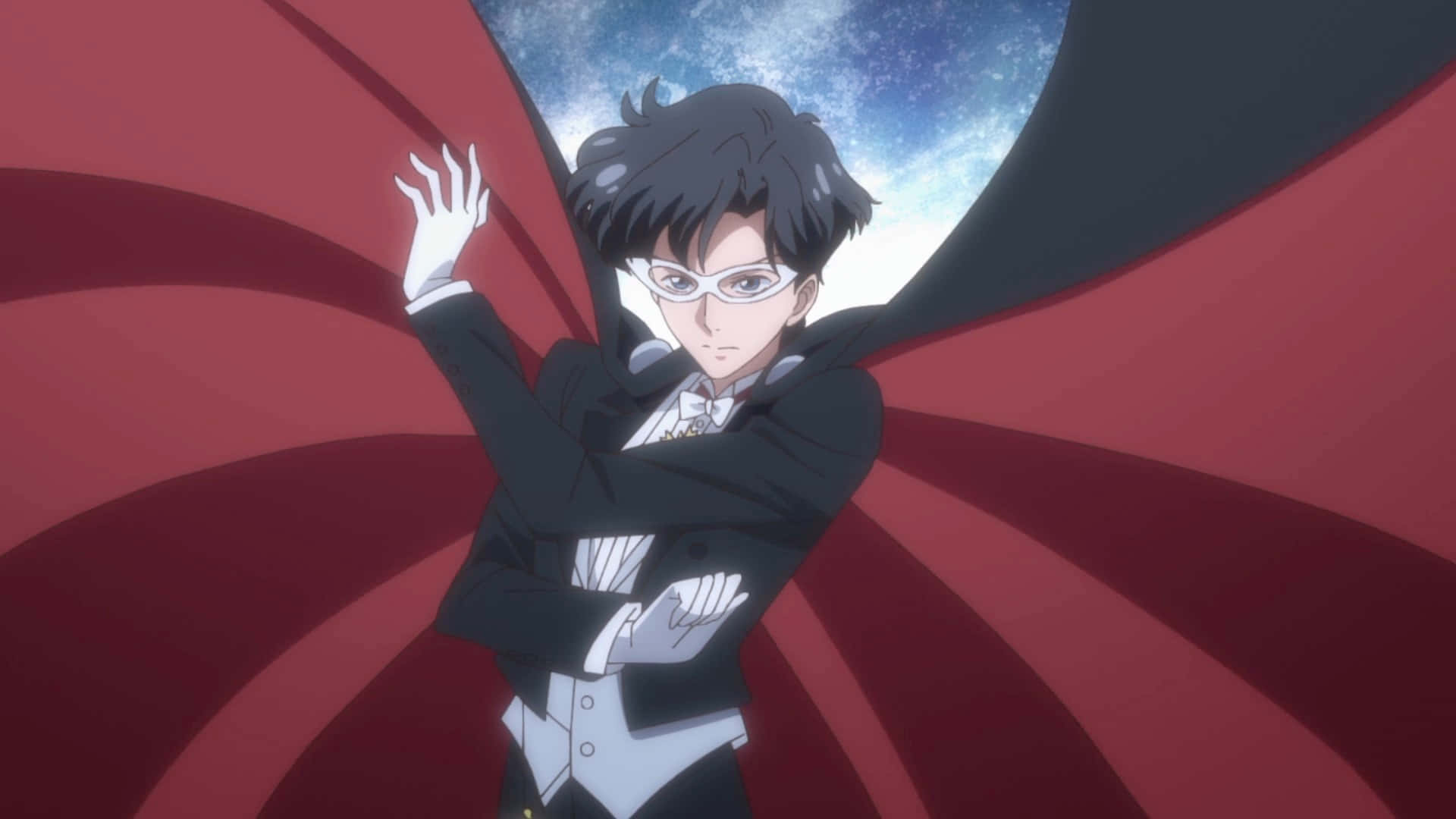 tuxedo mask 桌布 壁紙 — 一個堅定的動漫角色，身穿黑色西裝和紅色斗篷，站在星空背景前。