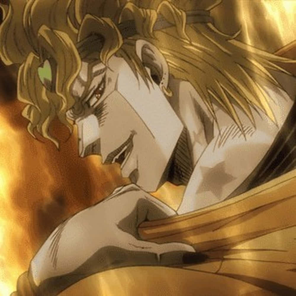 Dio The World 桌布 壁紙 — 一個堅定的動漫角色，金色頭髮和星星刺青，向前傾斜在火熱的橙色背景上。