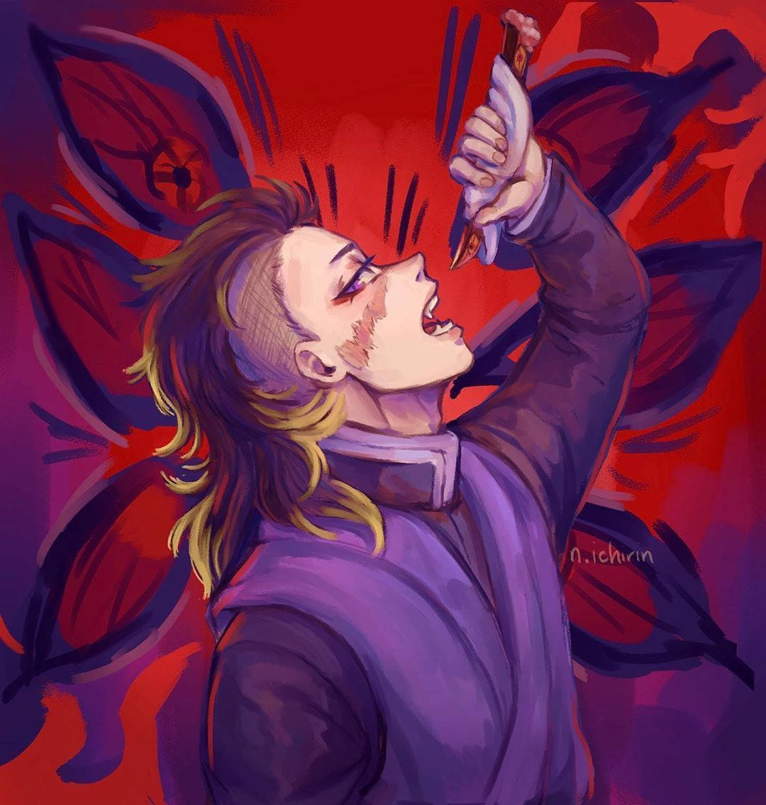 genya 桌布 壁紙 — 一個堅定的動漫角色，金色頭髮和紫色服裝，在火紅和黑暗的背景前舉起匕首。
