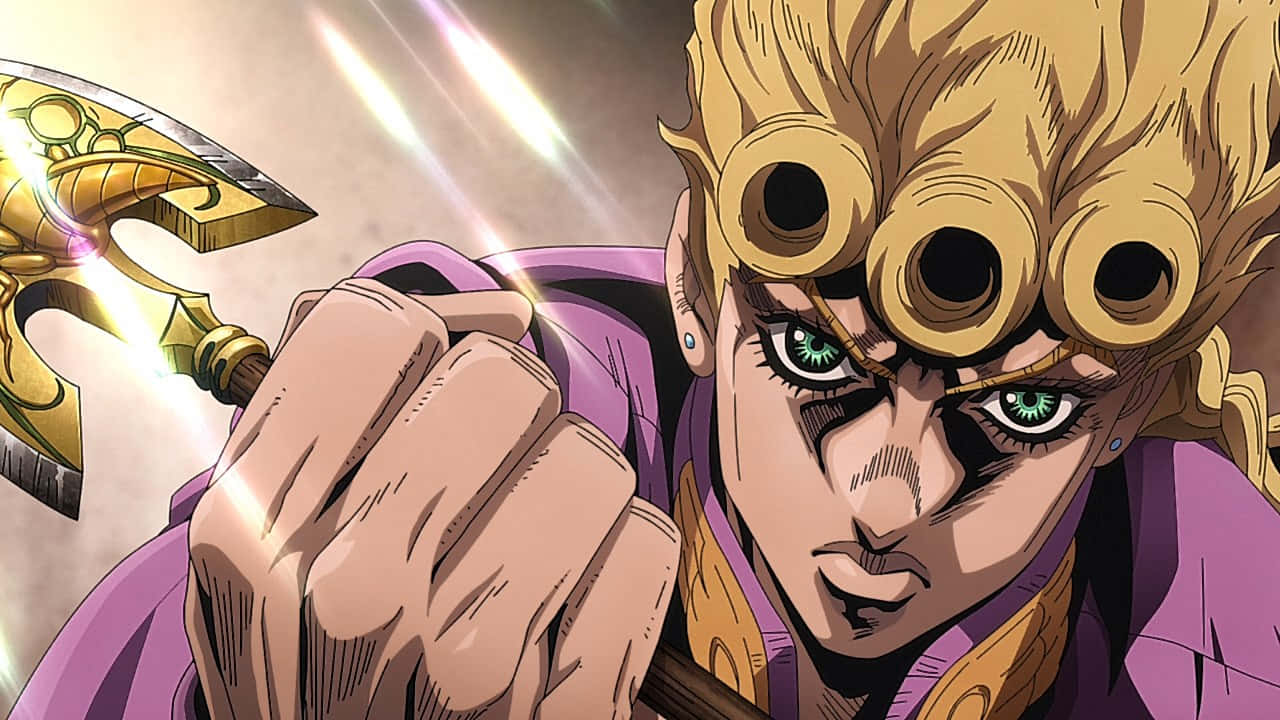 Golden Wind 桌布 壁紙 — 一個堅定的動漫角色，金髮護目鏡，在明亮背景下緊握發光的金色斧頭。