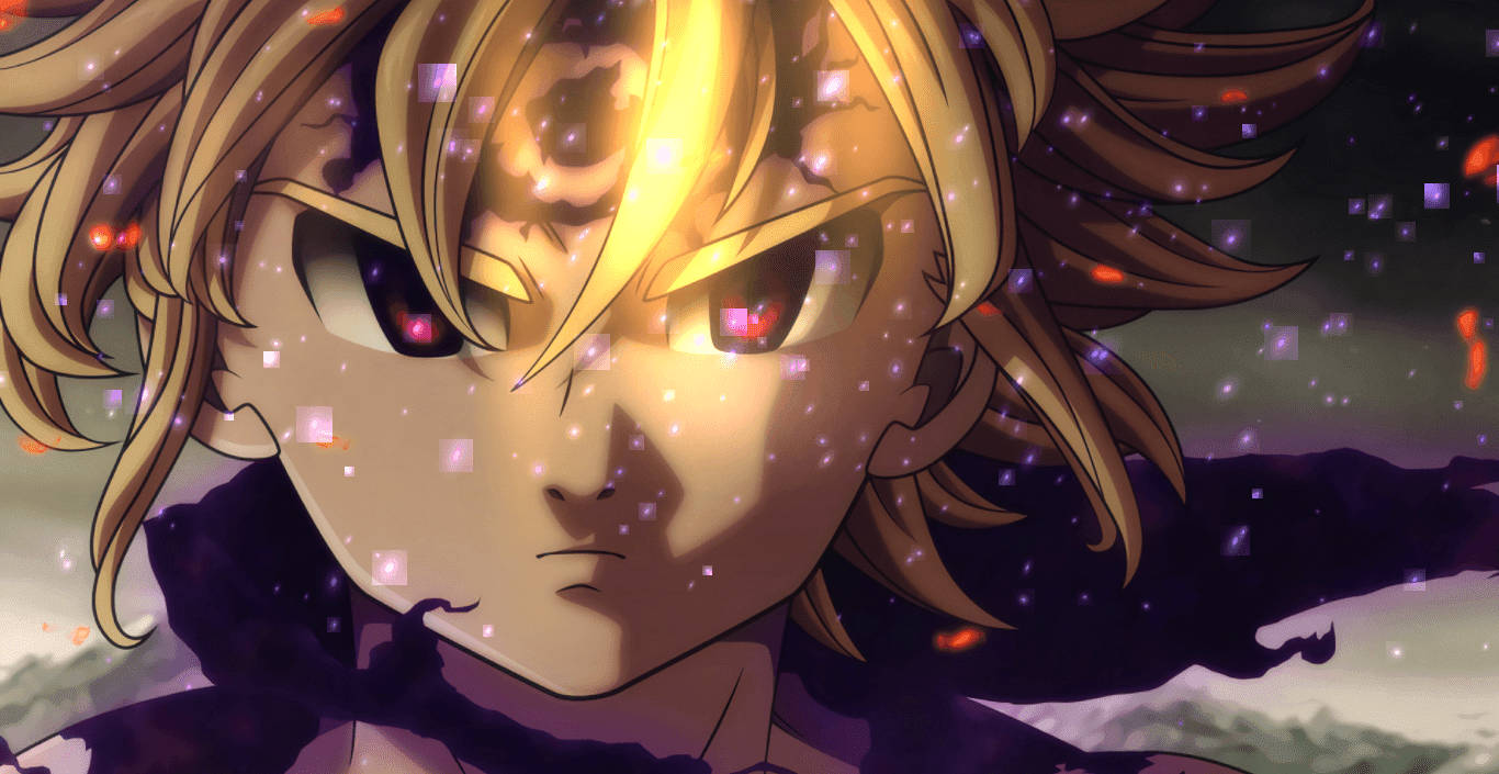 Meliodas 桌布 壁紙 — 一個堅定的動漫角色，金髮閃爍的眼睛，被漂浮的粒子包圍，背景是黑暗的天空。