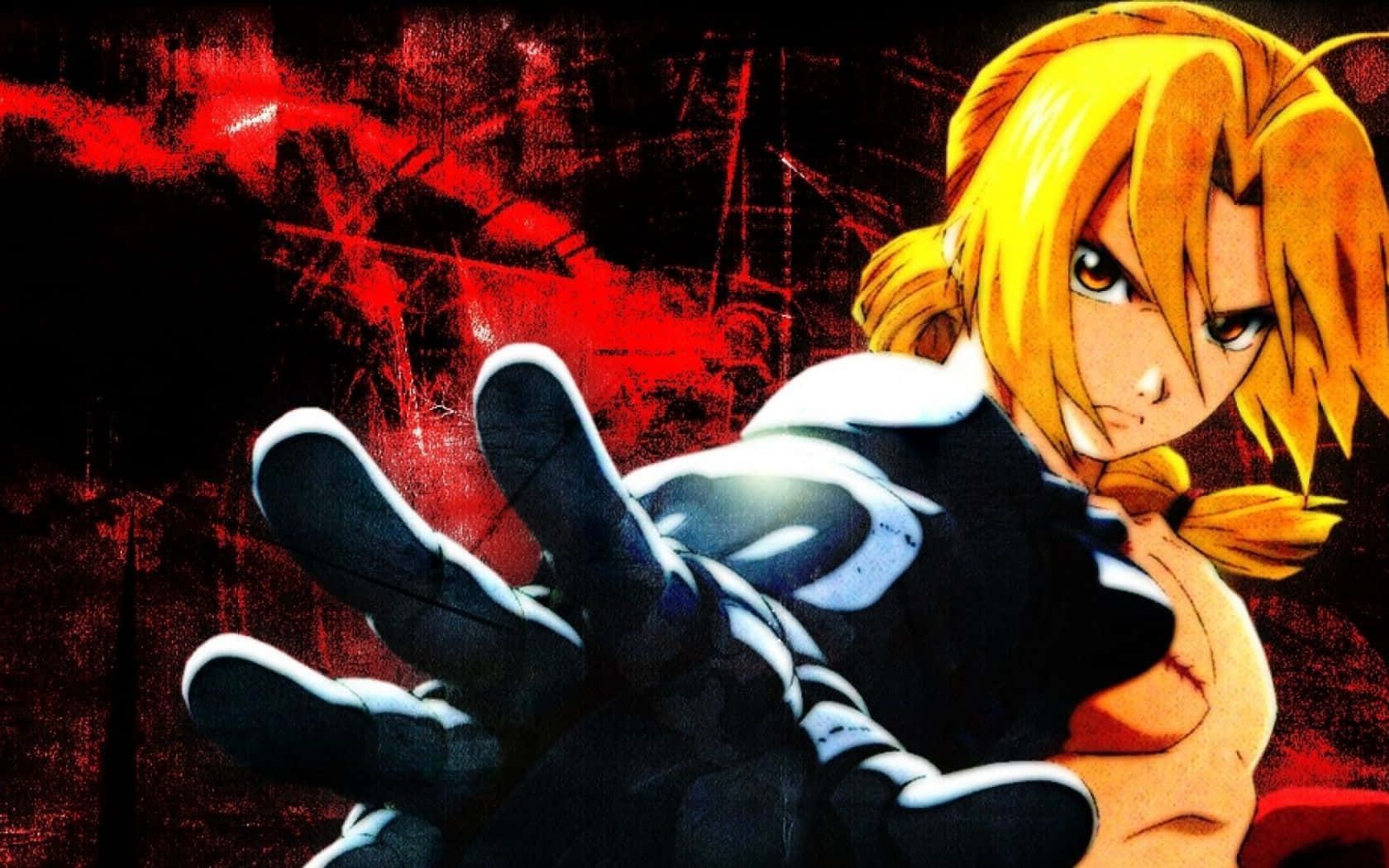 edward elric 桌布 壁紙 — 一個堅定的動漫角色，金髮黑手套，在粗糙的紅黑背景前伸出手。