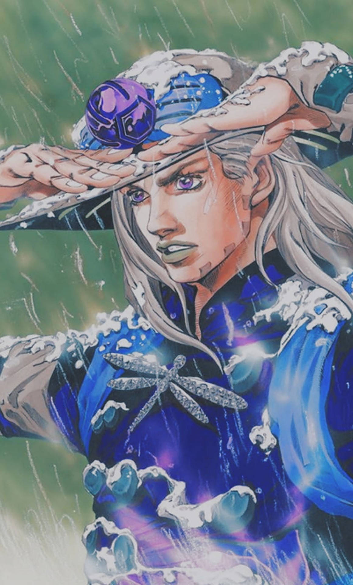 Gyro Zeppeli 桌布 壁紙 — 一個堅定的動漫角色，銀色頭髮和紫色眼睛，站在風暴中，穿著帶有蜻蜓圖案的藍色服裝，手持發光球體。