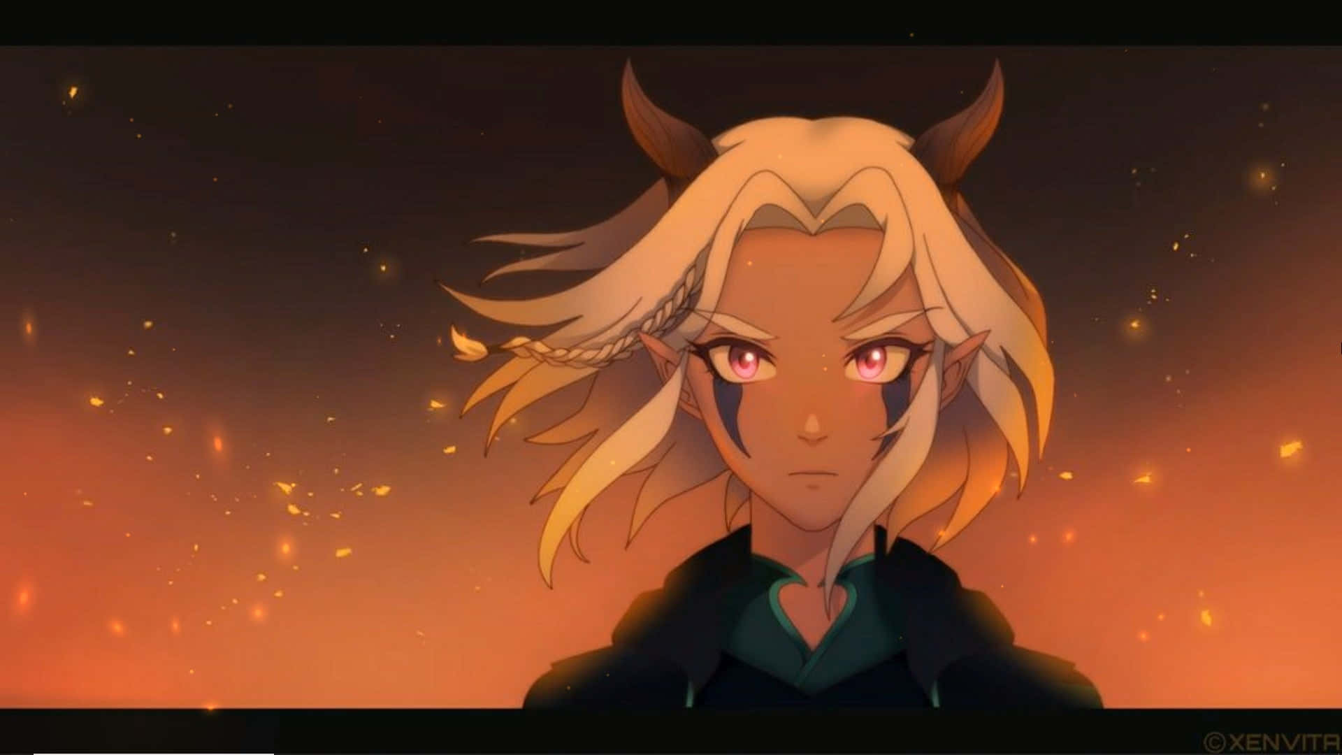 The Dragon Prince 桌布 壁紙 — 一個堅定的動漫角色，長有角和發光的紅色眼睛，站在熾熱的橙色日落背景前。