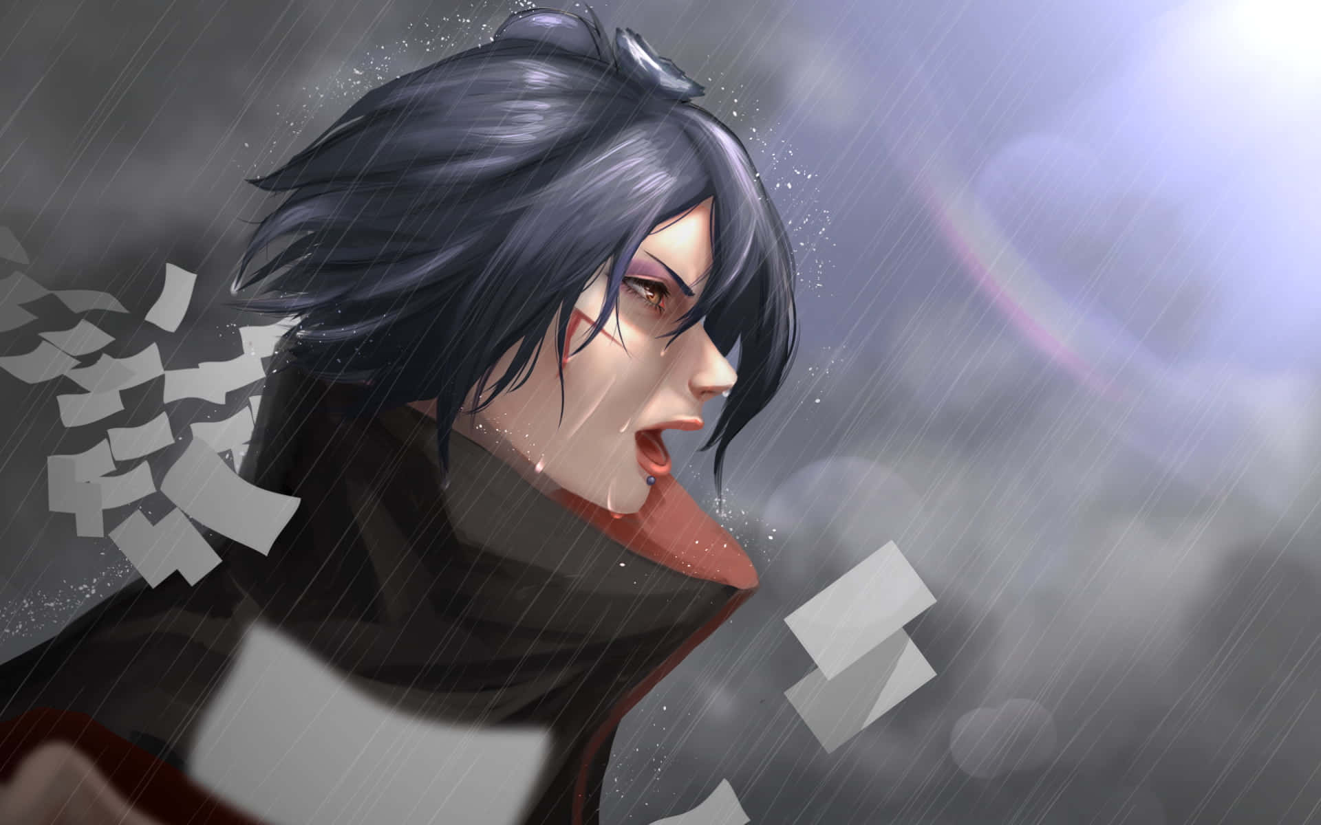 Konan 桌布 壁紙 — 一個堅定的動漫角色，黑髮紅眼，站在一場大雨中，周圍漂浮著紙張碎片。