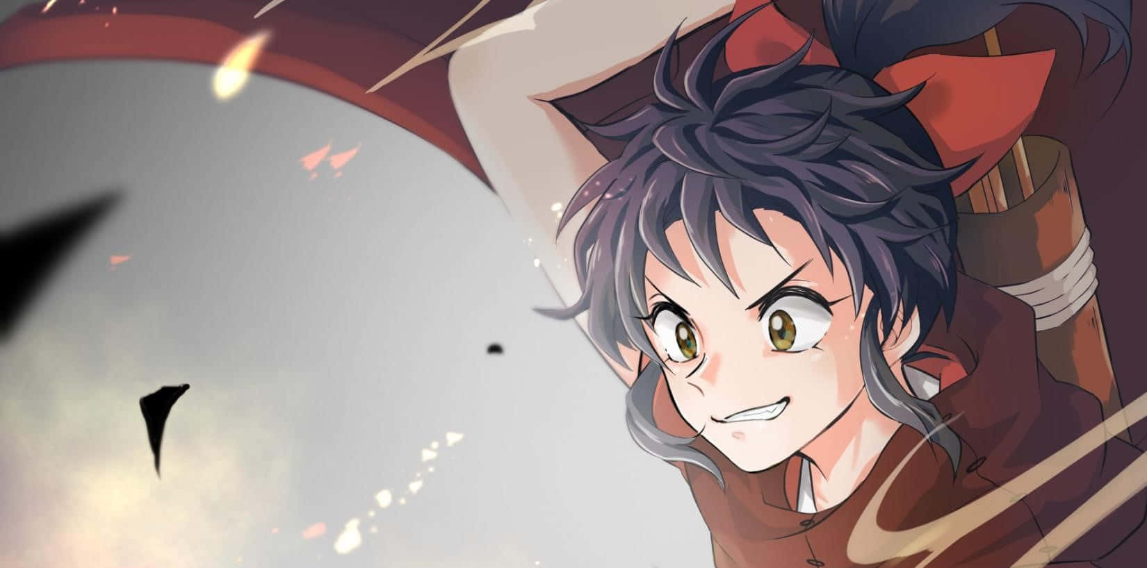 Yashahime 桌布 壁紙 — 一個堅定的動漫角色，黑髮紅頭帶，在動態天空背景下兇猛微笑。