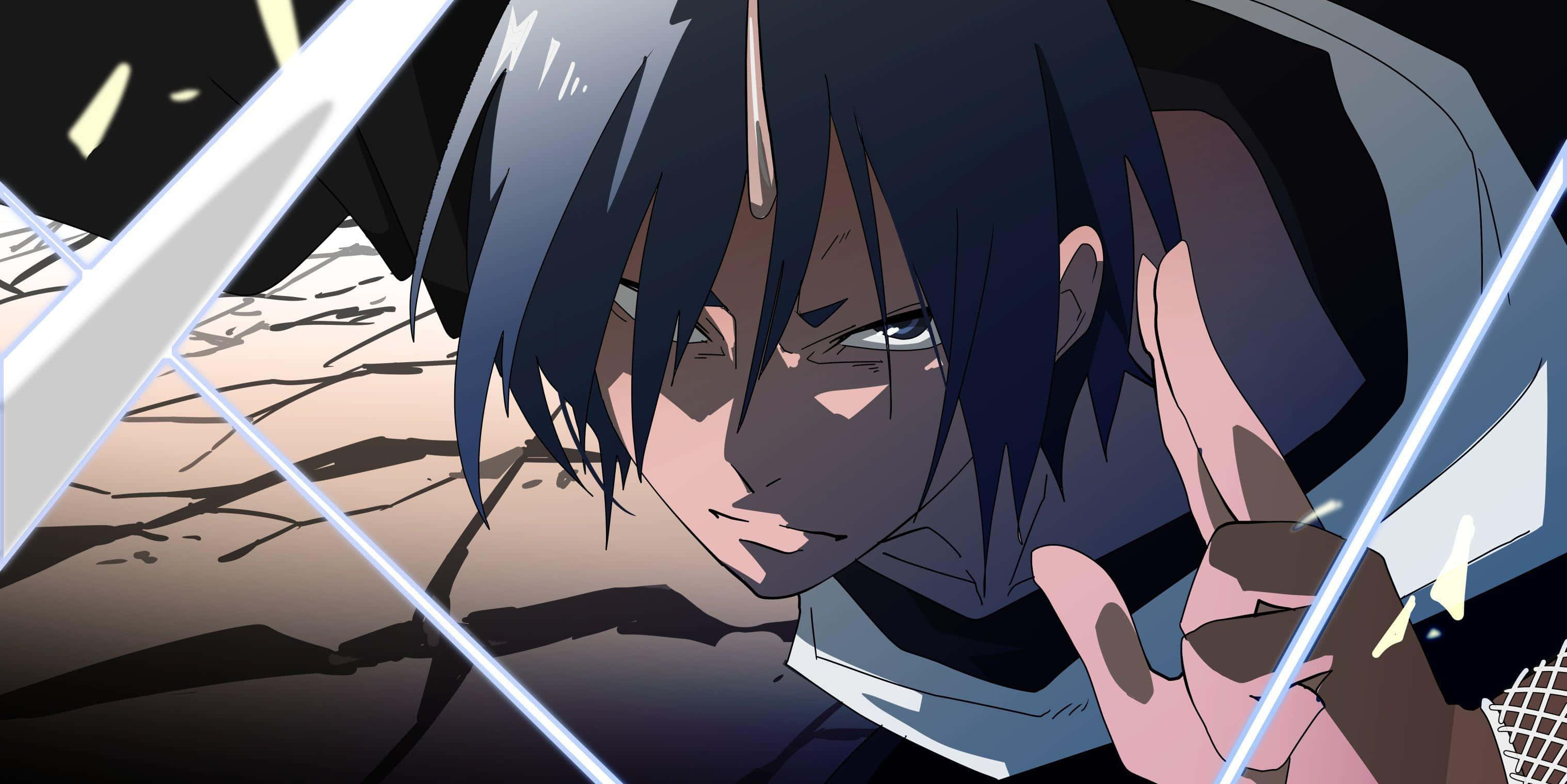 That Time I Got Reincarnated As A Slime 桌布 壁紙 — 一個堅定的動漫角色，黑髮緊握碎玻璃，發光的刀片在他周圍劃破空氣。