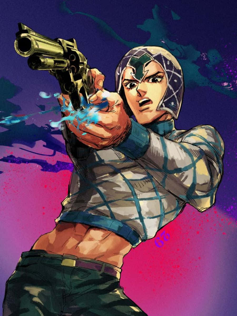 Guido Mista 桌布 壁紙 — 一個堅定的動漫角色在充滿活力的紫色和粉紅色背景下發射左輪手槍，伴隨著藍色能量爆發。