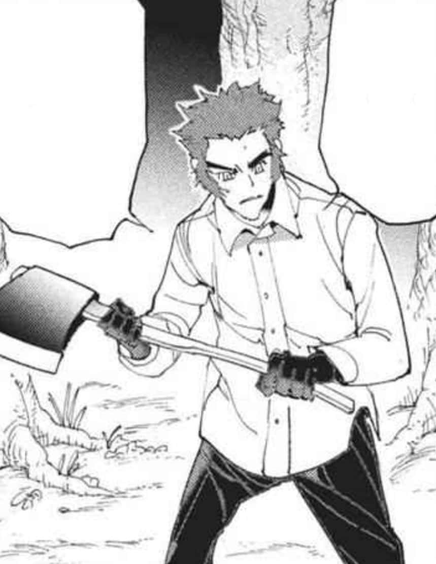 The Promised Neverland Lucas 桌布 壁紙 — 一個堅定的動漫角色在森林空地中緊握斧頭，展現出強烈的專注力。