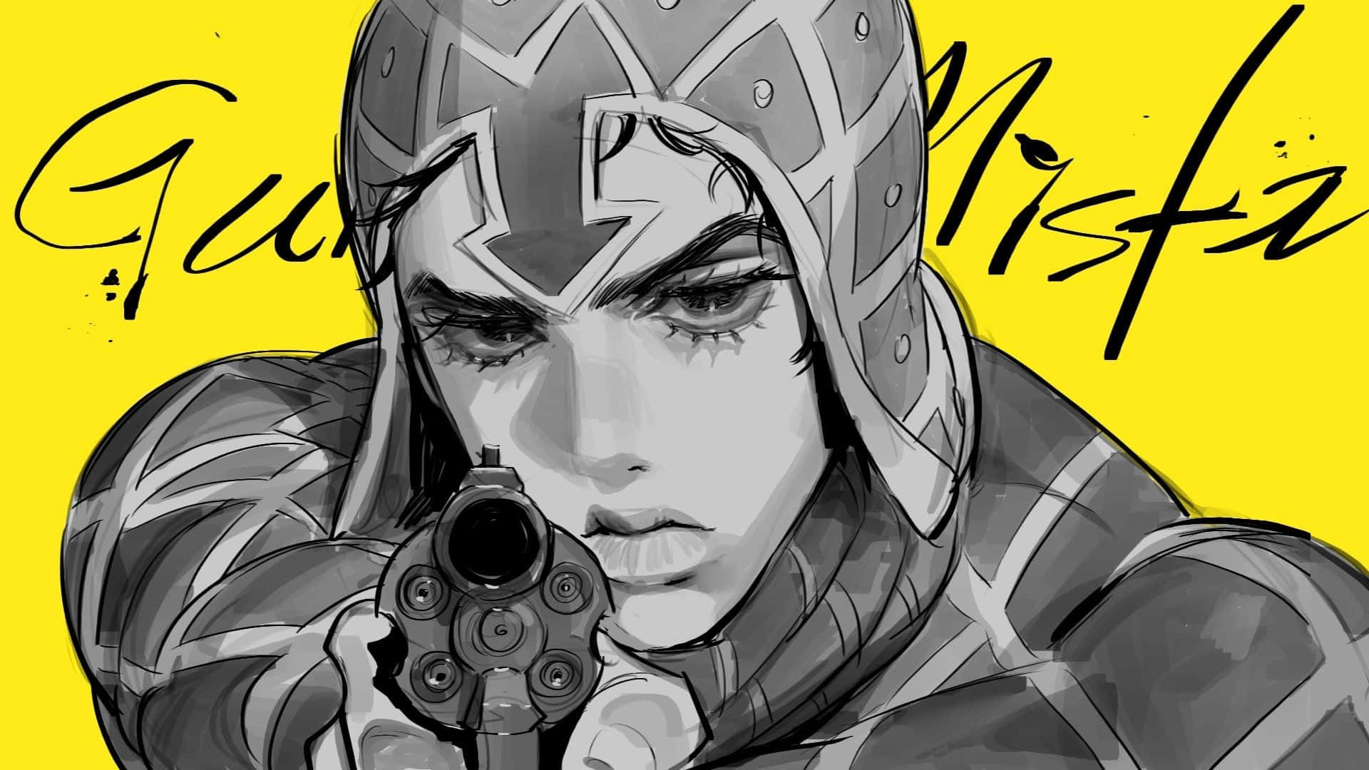 Guido Mista 桌布 壁紙 — 一個堅定的動漫角色戴著裝甲頭盔，在鮮黃色背景上以風格化文字瞄準左輪手槍。