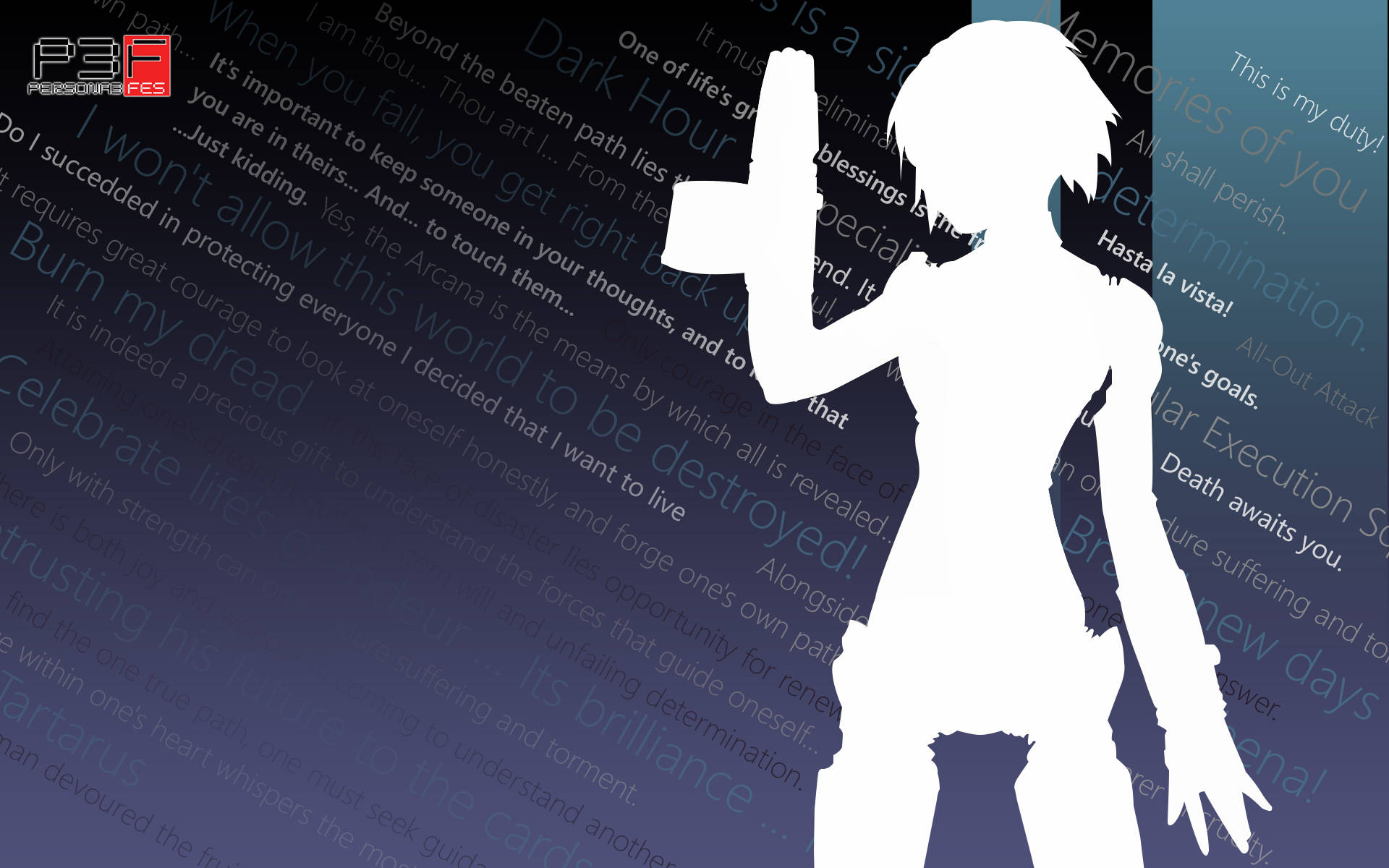 Persona 3 桌布 壁紙 — 一個堅定的動漫角色手持劍的白色剪影，背景是深藍色，充滿激勵文字。