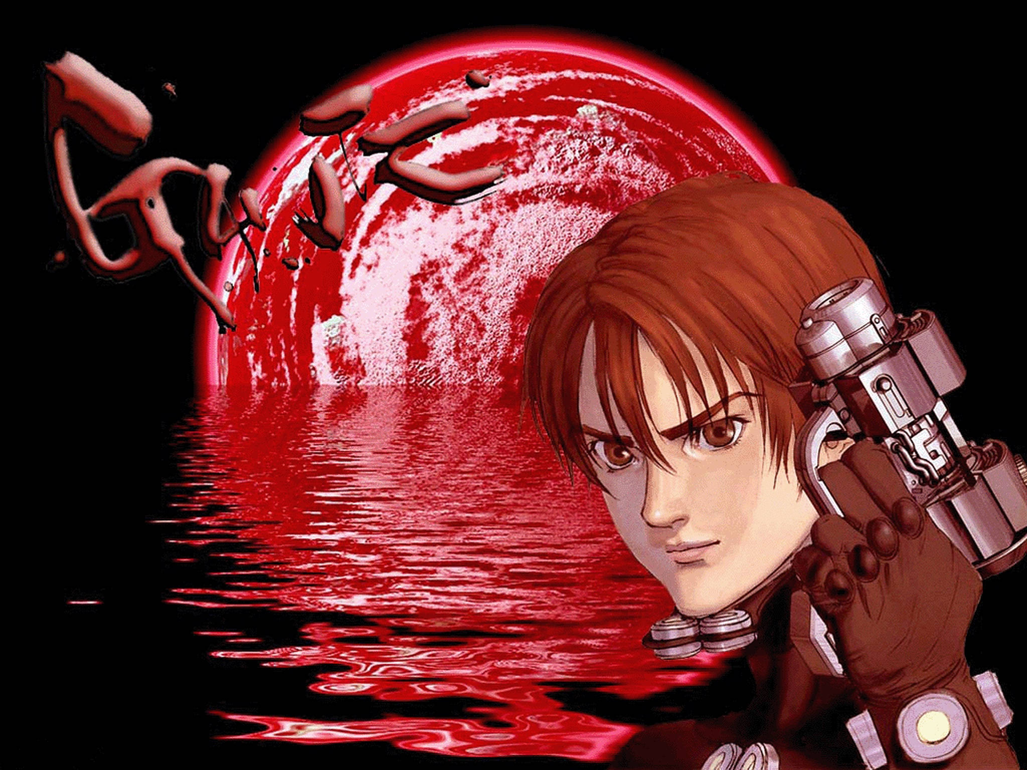 Gantz 桌布 壁紙 — 一個堅定的動漫角色手持未來手槍，對準倒映在漣漪水面上的血紅月亮。