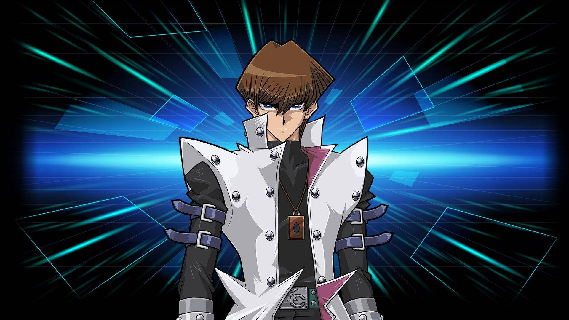 kaiba 桌布 壁紙 — 一個堅定的動漫角色穿著白色和黑色的裝甲服，站在動態的藍色和青色能量爆發背景前。