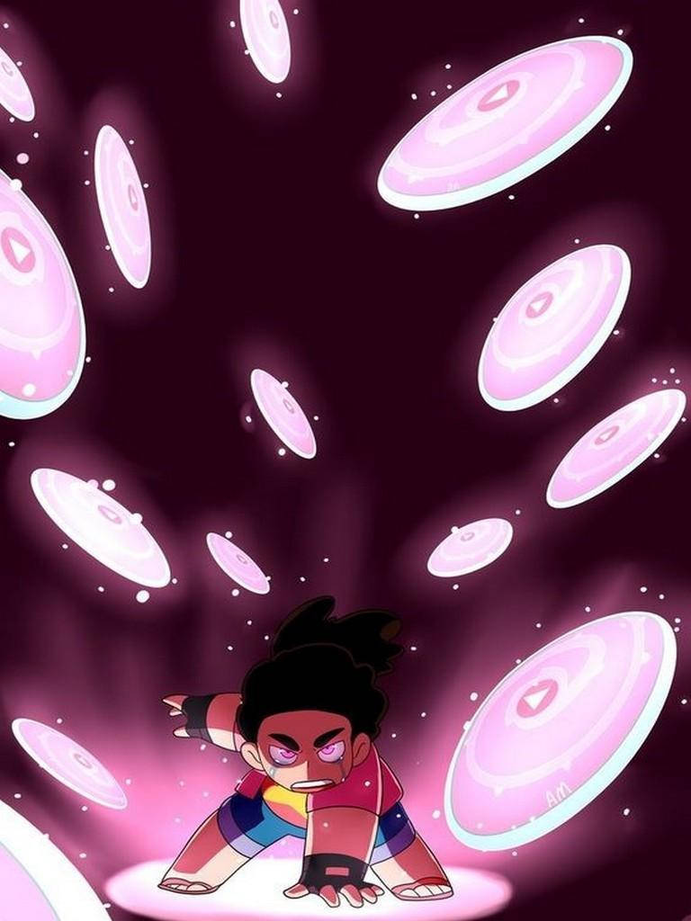 Cartoon Network 桌布 壁紙 — 一個堅定的動漫角色穿著紅色服裝，在深紫色虛空中與發光的粉紅色圓盤戰鬥。