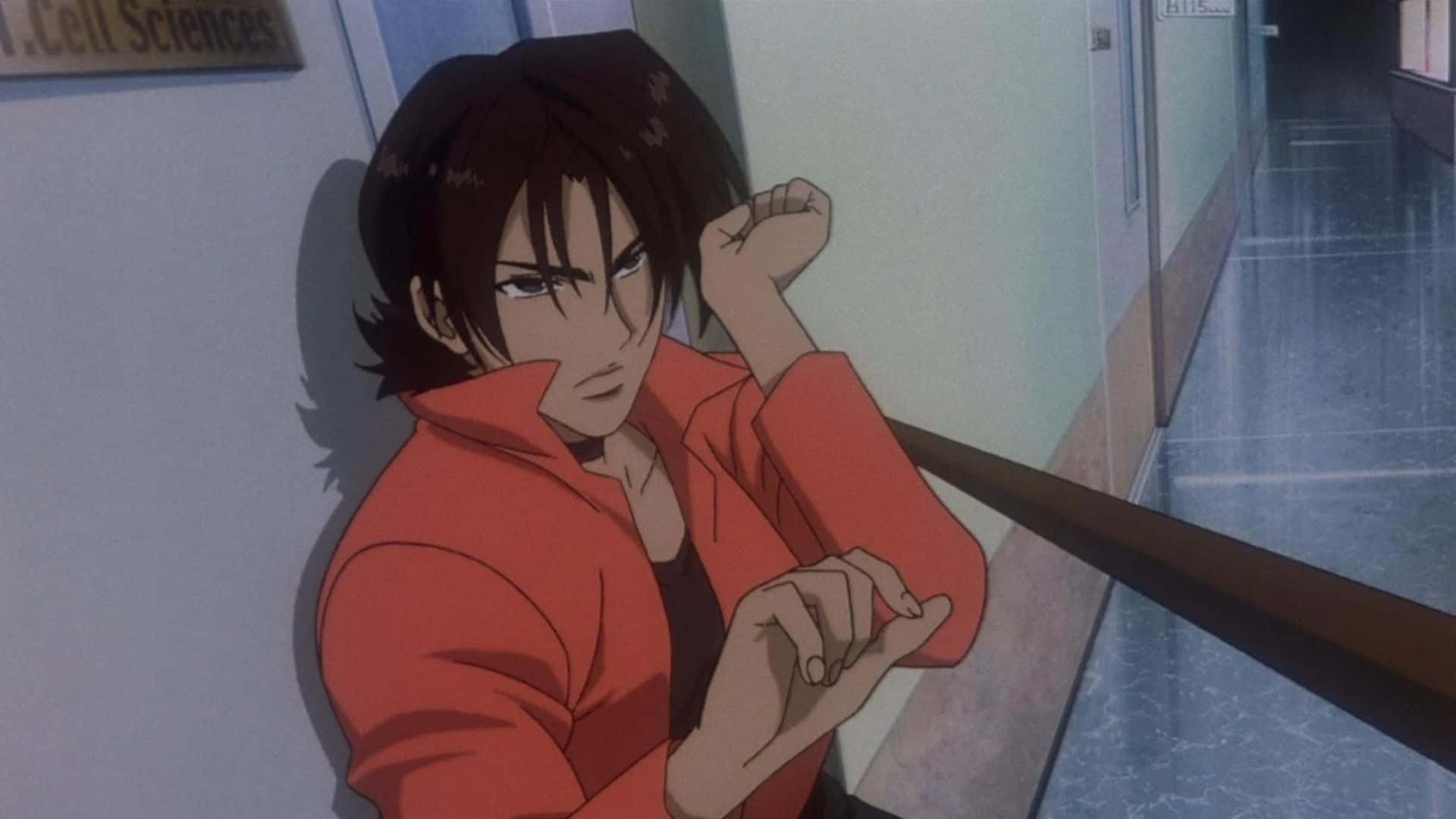 Cowboy Bebop Electra 桌布 壁紙 — 一個堅定的動漫角色穿著紅色連帽衫，靠在光線昏暗的走廊牆上，上方有「Cell Sciences」標誌。