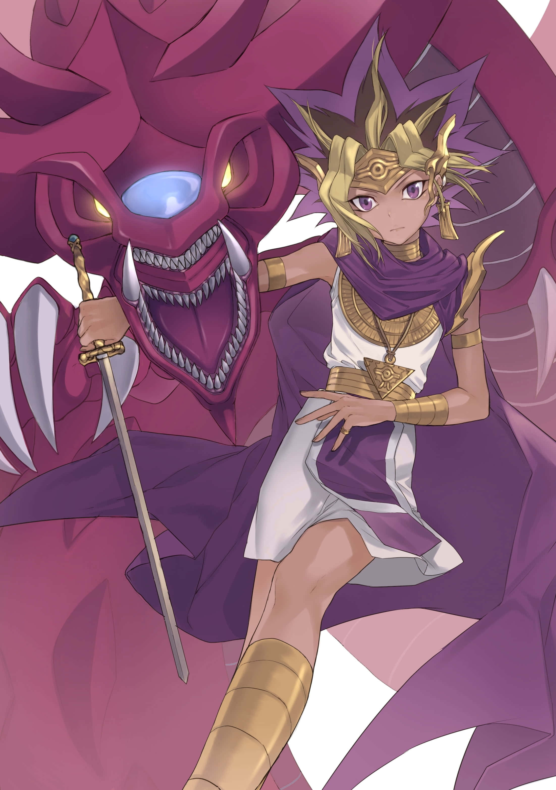Yugi Muto 桌布 壁紙 — 一個堅定的動漫角色穿著紫色和金色的盔甲，自信地站在一隻擁有發光眼睛的巨大威脅性紫色龍旁邊。
