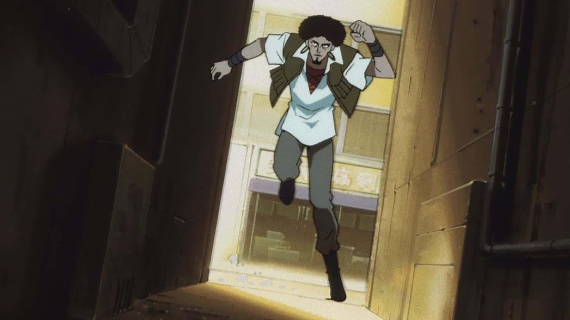 Cowboy Bebop Abdul Hakim 桌布 壁紙 — 一個堅定的動漫角色穿過狹窄的小巷，跳進陽光普照的城市街道。