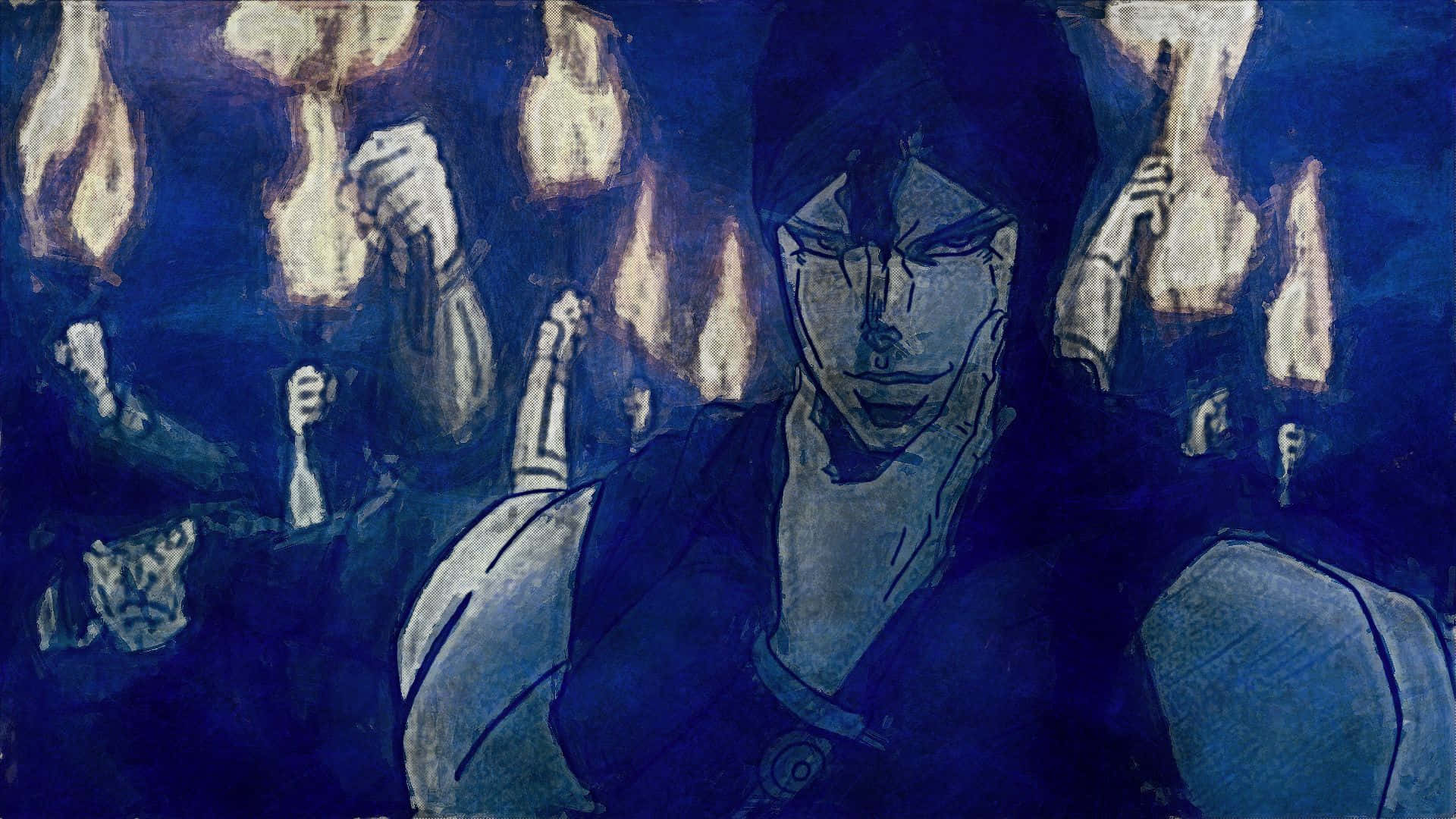Jojo's Bizarre Adventure Kars 桌布 壁紙 — 一個堅定的動漫角色舉起拳頭，站在一群同樣挑釁的人物面前，背景是深藍色的夜空。