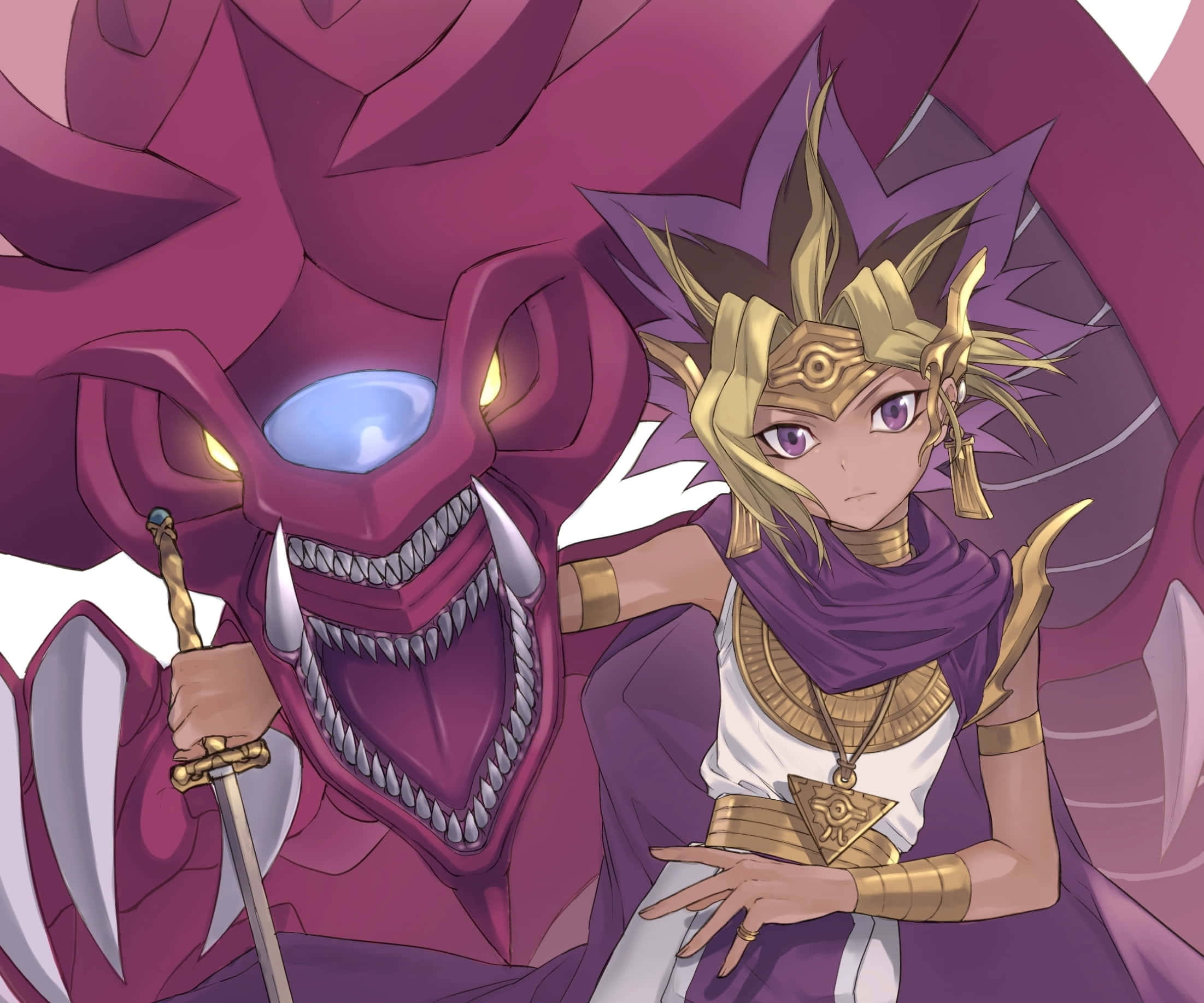 Yami Yugi 桌布 壁紙 — 一個堅定的動漫角色身穿紫色和金色盔甲，站在一隻巨大、兇猛、眼睛發光的紫色龍旁邊。