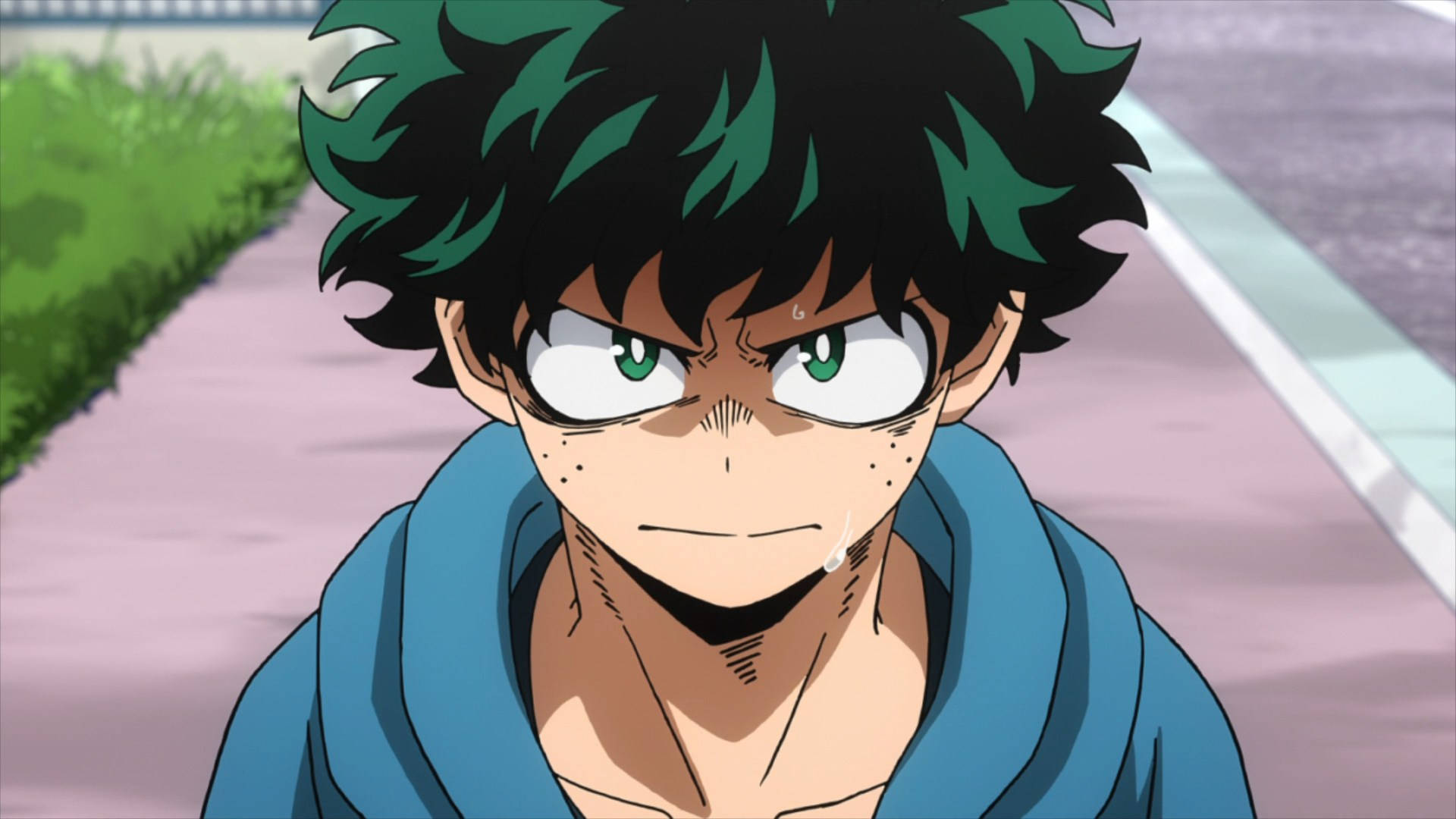 Villain 桌布 壁紙 — 一個堅定的動漫青少年，擁有尖刺的綠色和黑色頭髮，戴著眼鏡，穿著藍色連帽衫，專注地向前凝視。