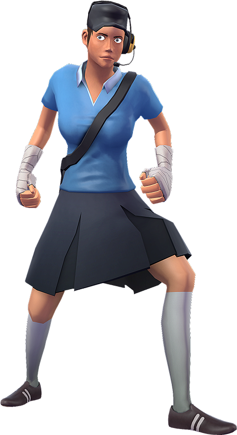 Tf2 桌布 壁紙 — 一個堅定的動漫風格女孩，身穿藍色Polo衫和深色裙子，準備好，拳頭纏著繃帶，戴著耳機。