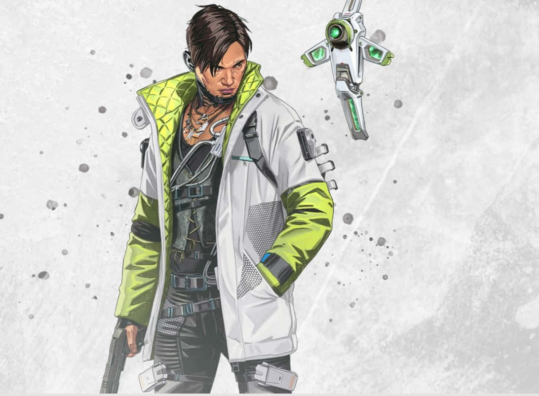 Apex Legends Crypto 桌布 壁紙 — 一個堅定的動漫風格男性角色，身穿白色和螢光綠色外套，手持槍支，旁邊懸浮著一個綠色科技武器。