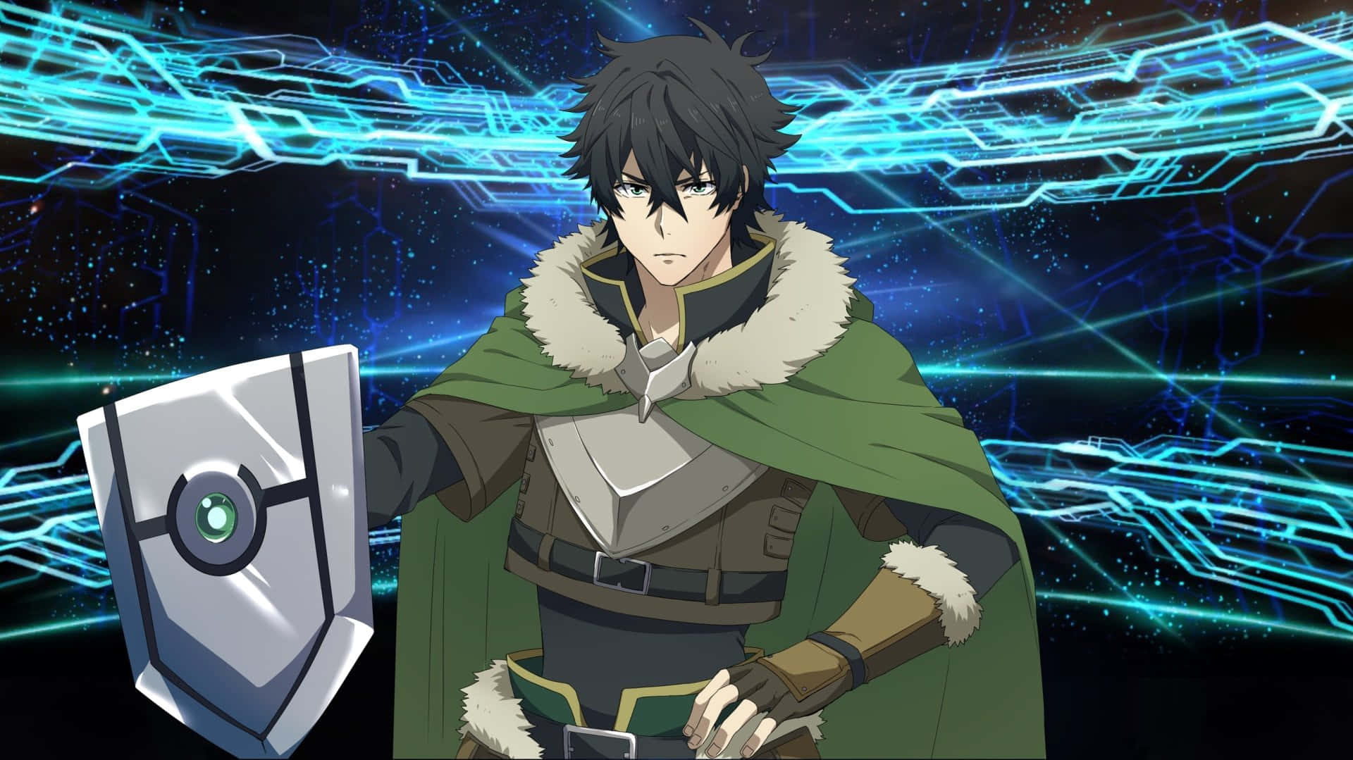 Shield Hero 桌布 壁紙 — 一個堅定的動漫騎士，身穿綠色斗篷和盔甲，在未來主義的藍色能量網格背景下舉著發光的盾牌。