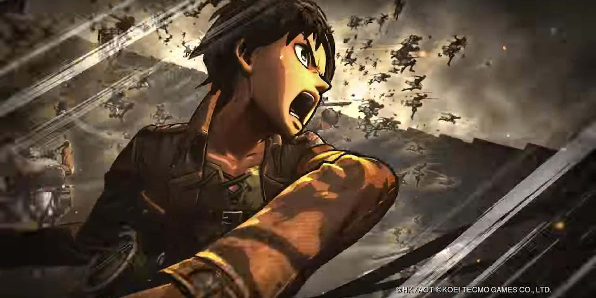 Game Trailers 桌布 壁紙 — 一個堅定的動畫士兵在煙霧瀰漫的天空下，巨大的人形生物蜂擁而至，覆蓋著廢墟戰場，他大聲呼喊。