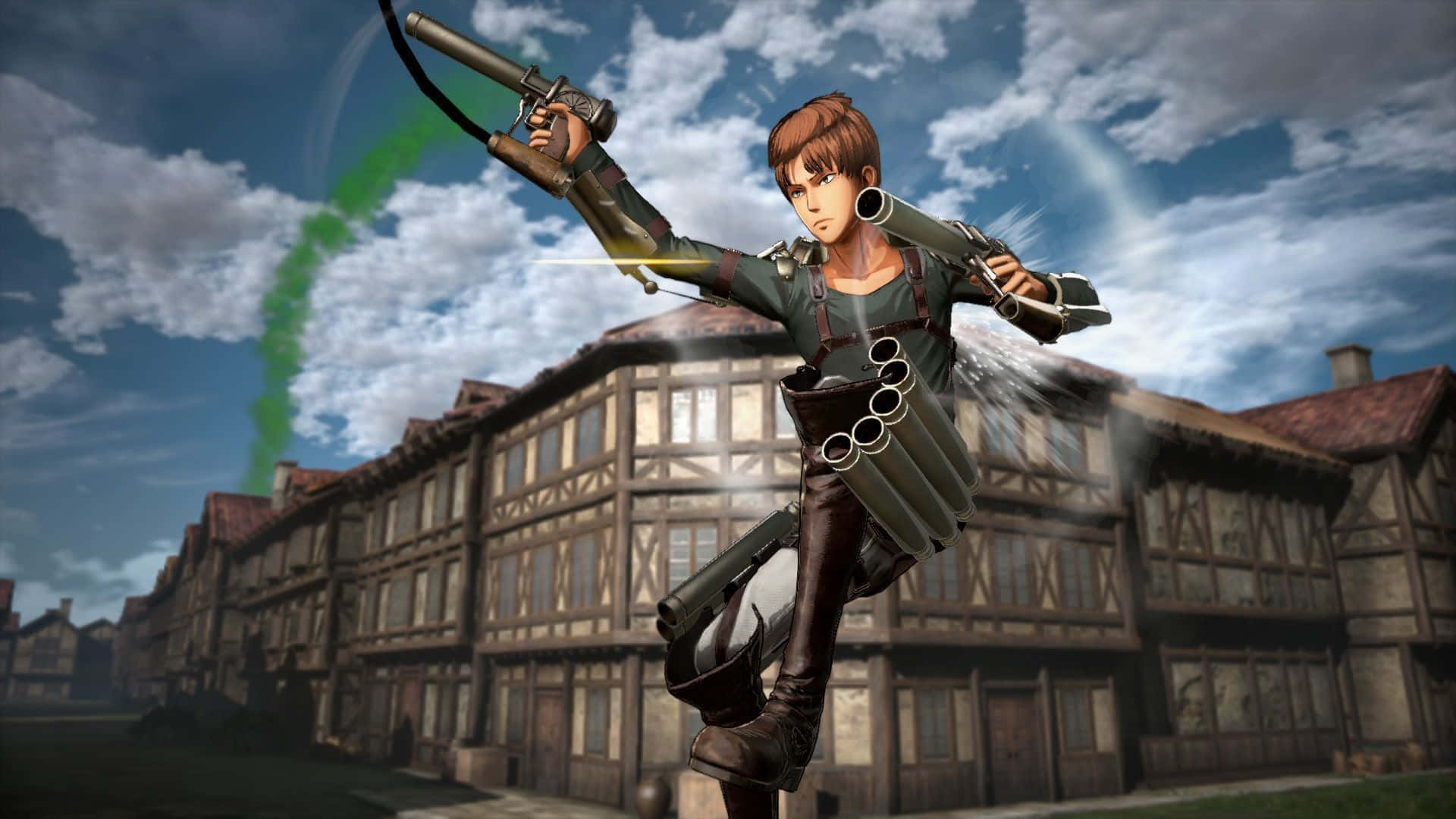 Aot 2 Final Battle 桌布 壁紙 — 一個堅定的動畫士兵跳過歐洲小鎮街道，揮舞著三叉武器，身後拖著綠色煙霧。