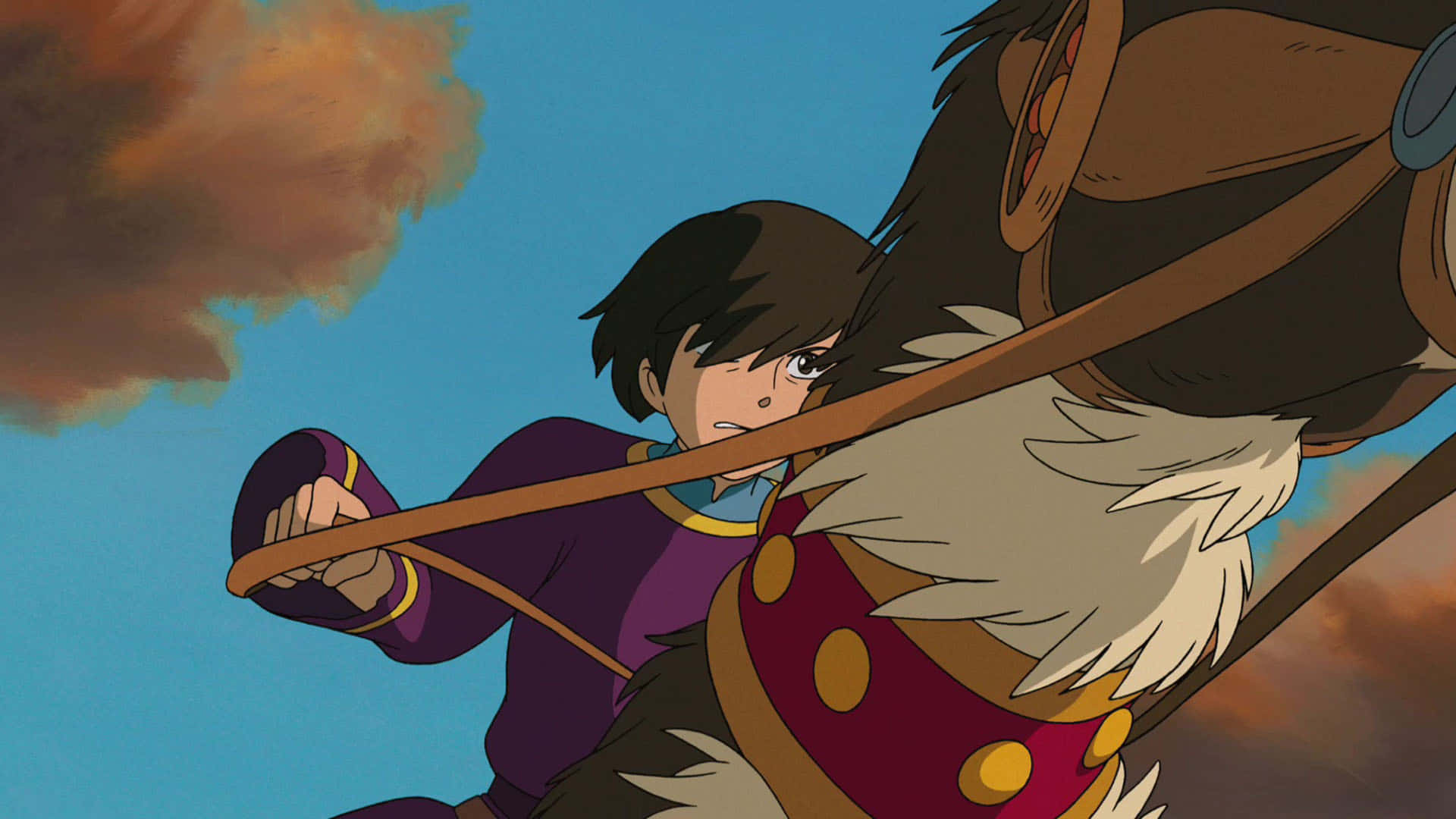 Tales From Earthsea 桌布 壁紙 — 一個堅定的動畫女孩在戲劇性的天空下，抓住一匹雄壯馬匹的韁繩，天空中有火紅的雲彩。