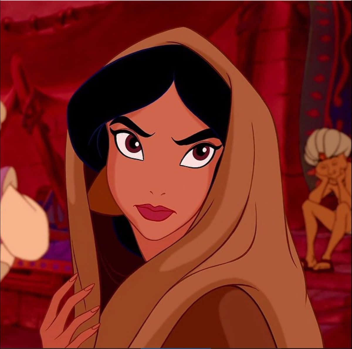 Disney Profile 桌布 壁紙 — 一個堅定的動畫女性，深色頭髮和紅色眼睛，穿著棕色連帽衣服，背景是豐富的紅色。