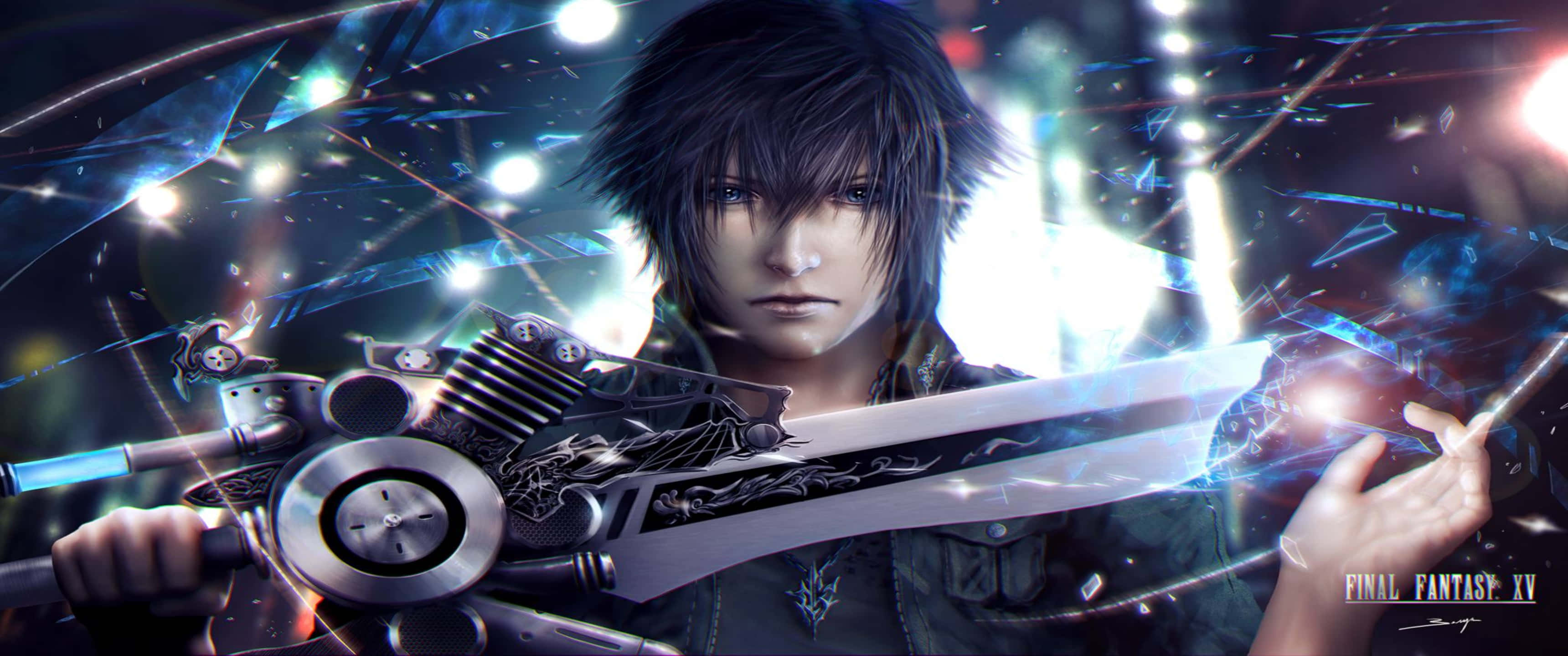 3440x1440p Final Fantasy Xv 桌布 壁紙 — 一個堅定的動畫戰士在佈滿碎玻璃和霓虹燈的戰場上握著一把發光的未來主義劍。
