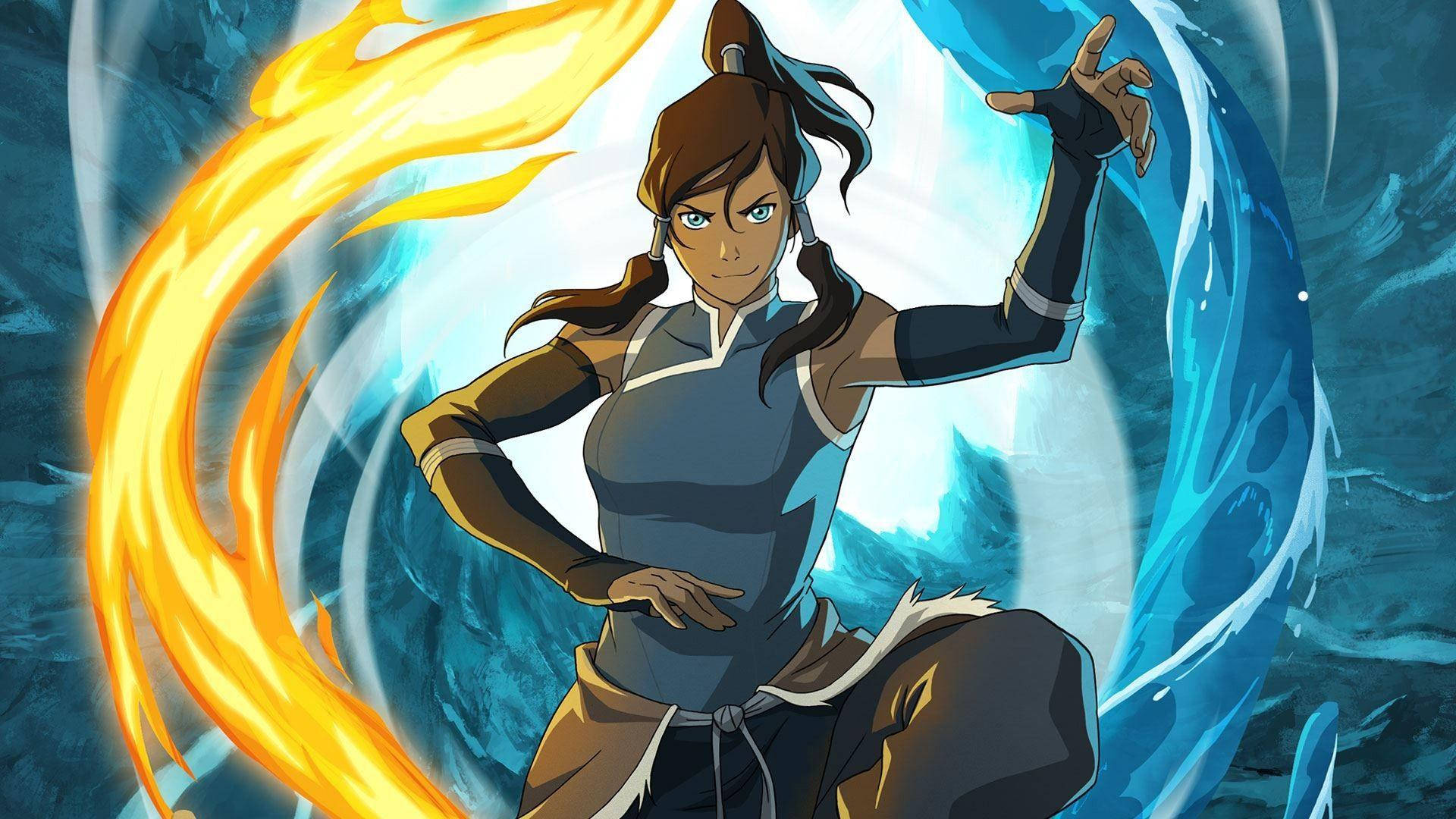 Korra 桌布 壁紙 — 一個堅定的動畫戰士在動態的元素戰鬥姿態中引導熾熱的橙色火焰和旋轉的藍色水。